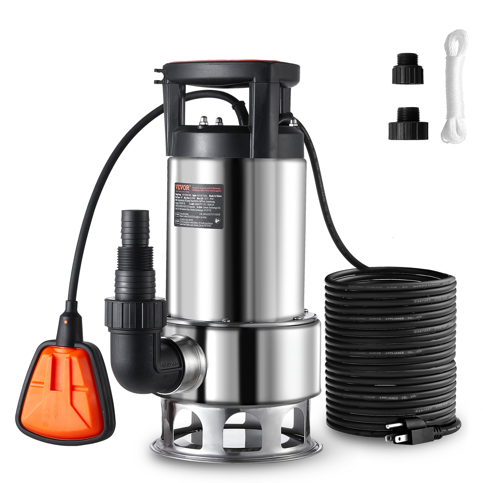 VEVOR QSWNBBXG10HP79VL2V1 1-HP 120 -Volt 67-Gallon Stainless steel Submersible sump pump