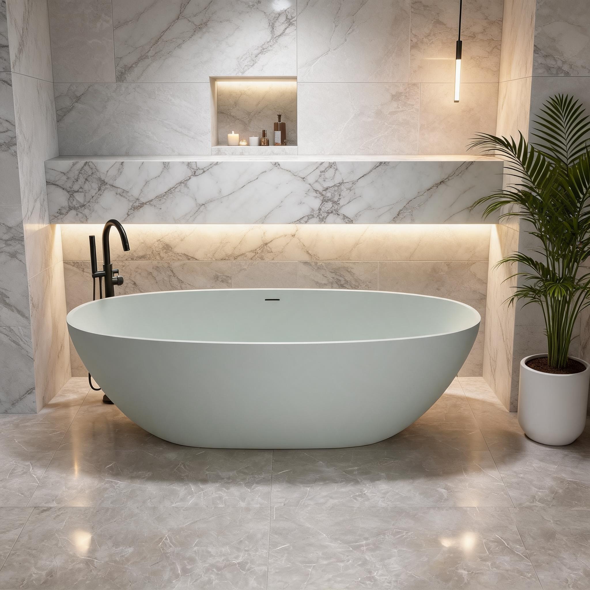 Watnature Modern Rectangular Freestanding Soaking Bathtub Lutimesury Solid Surface Sage Green 63 Inch for Bathroom