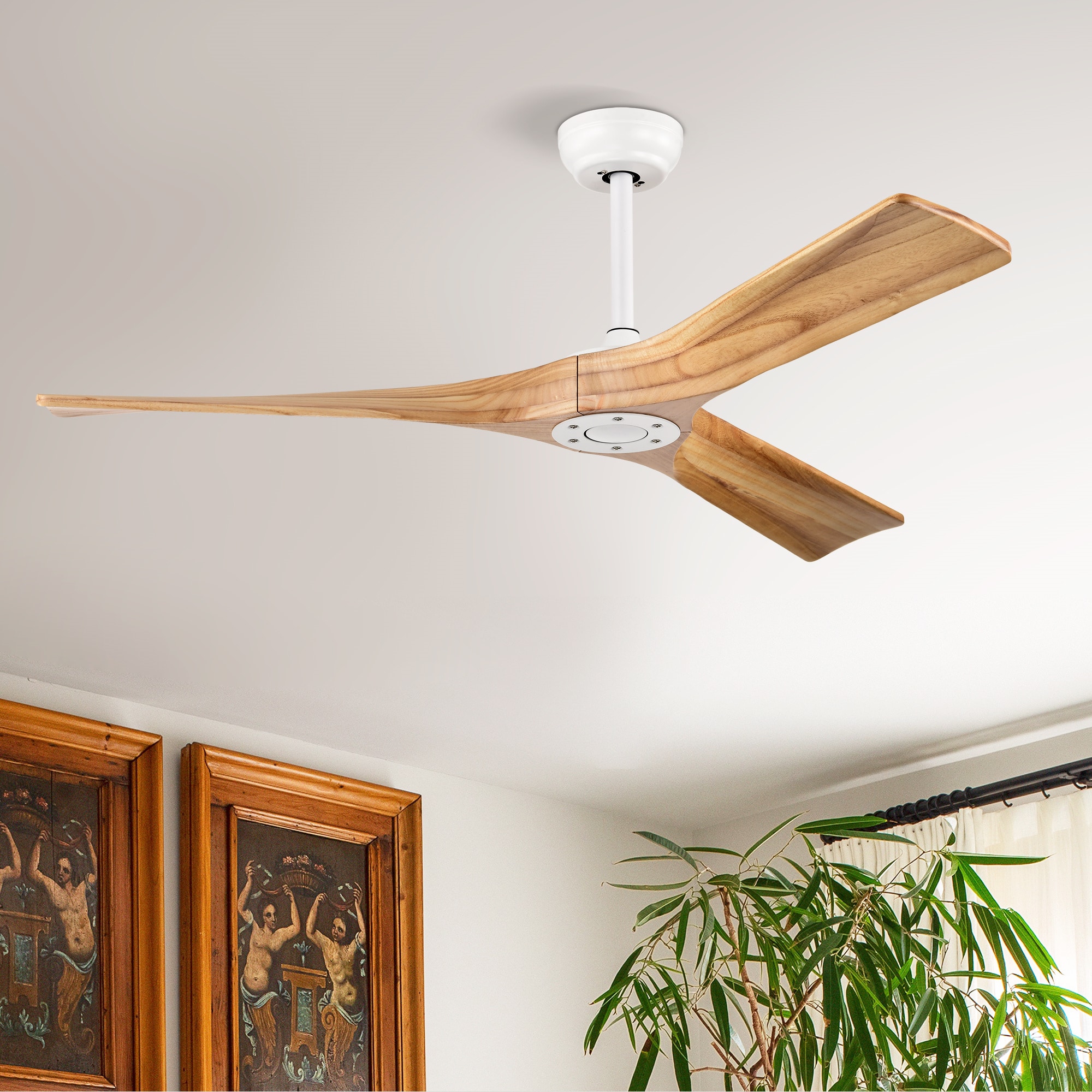 BABOOM BOM-1592P18-OR 52 White with Light Brown Blades Ceiling Fan Without Light - Remote Included ( 3 -Blade )