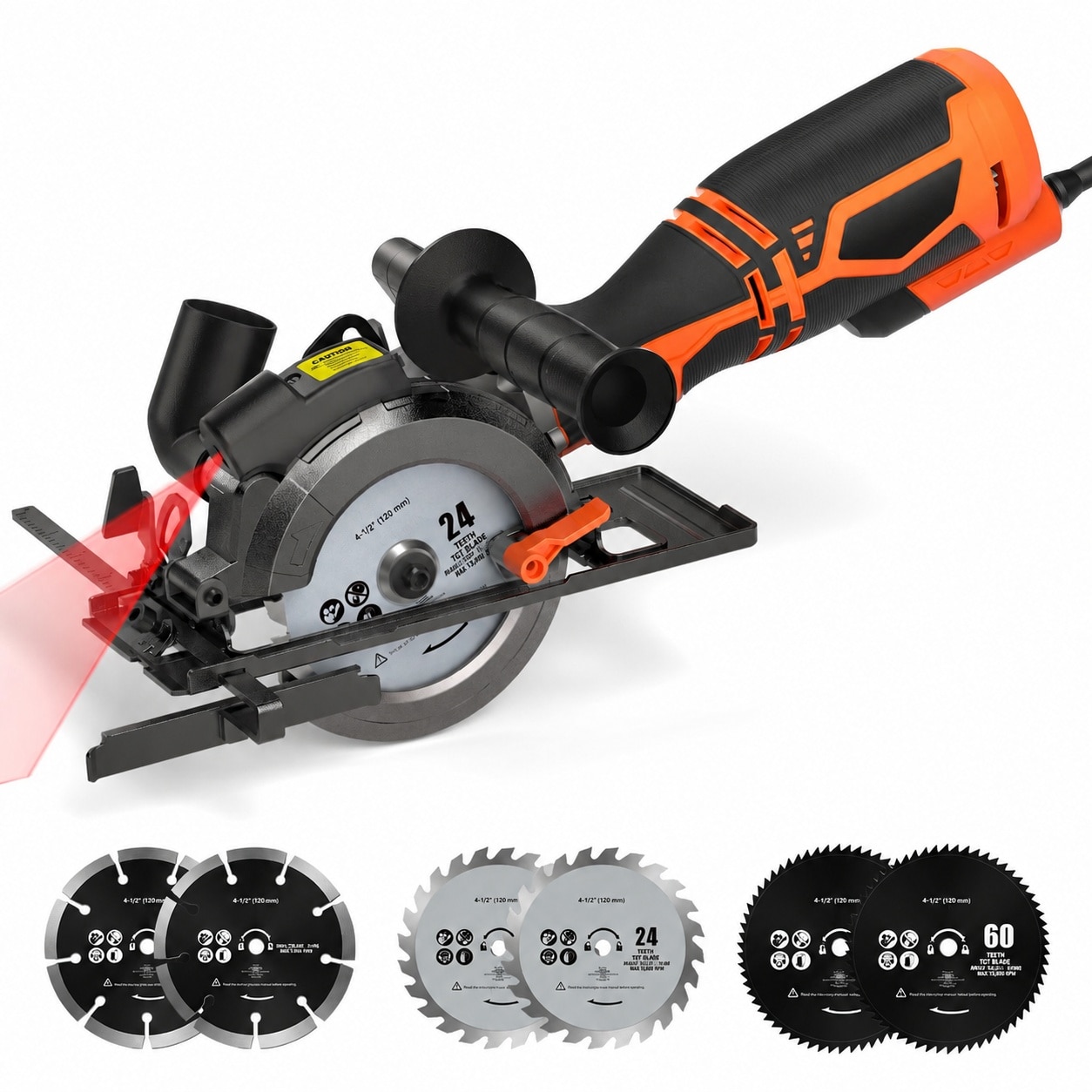 ITOPFOX  Circular Saw 5.8A 4-1/2 Inch with Laser Guide Metal Auxiliary Handle and Six Blades for Wood Soft Metal Plastic and Tile Cutting