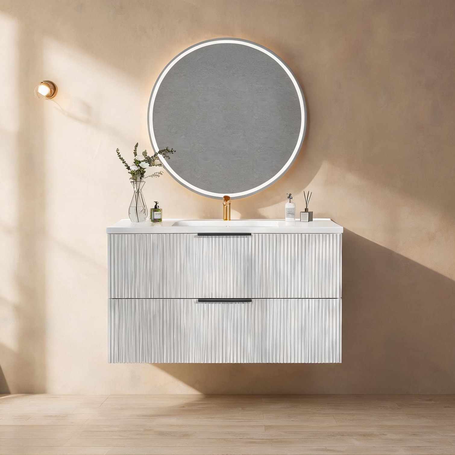 Watnature 36 Inch Wall Mounted Bathroom Vanity Cabinet with Ceramic Sink Fluted Modern Design Crisp White