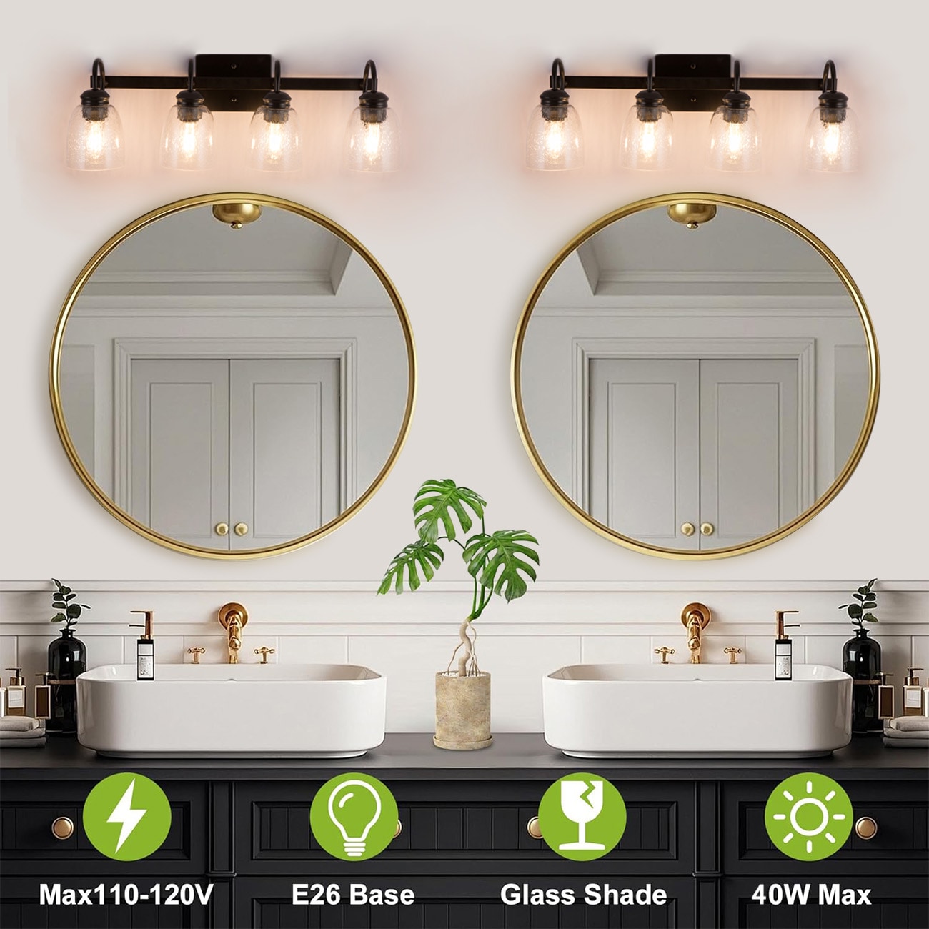 Fylbinye B107-4 Black Bathroom Vanity Light With Glass Shade 25.7-in 4 -Light Polished Black Modern/contemporary Vanity light