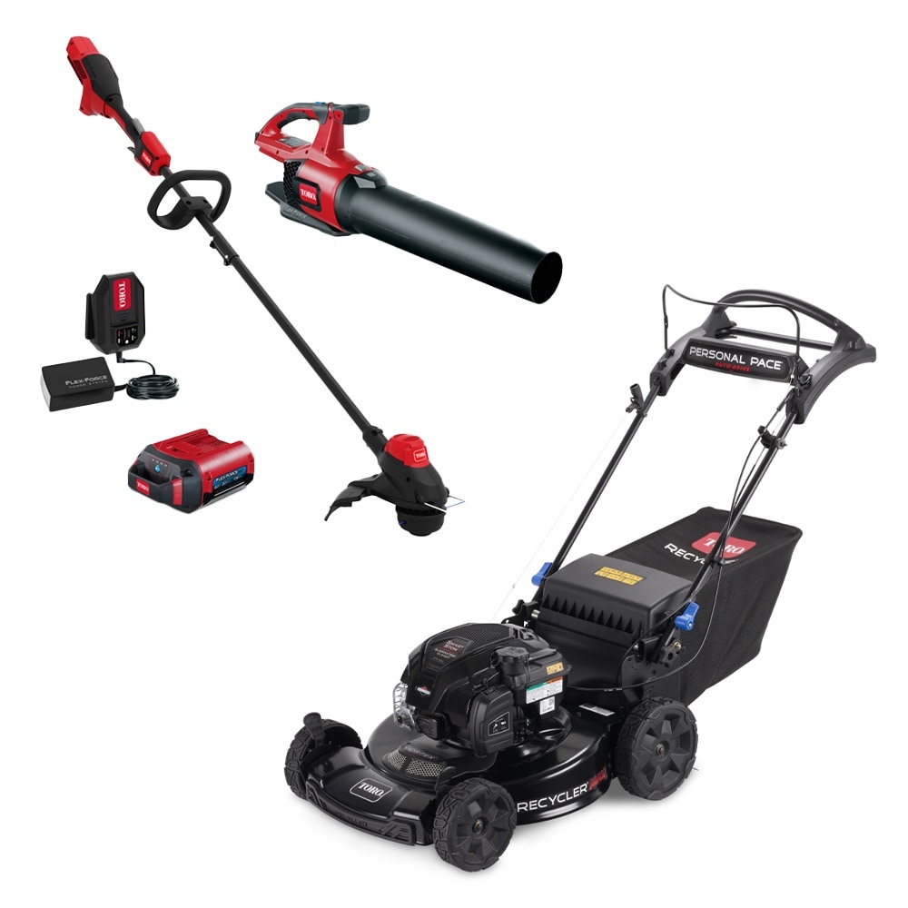 Toro Recycler Max 22-in Gas Self-Propelled Lawn Mower & Flex Force 60-volt Max Cordless Battery Combo Kit Bundle, String Trimmer and Leaf Blower