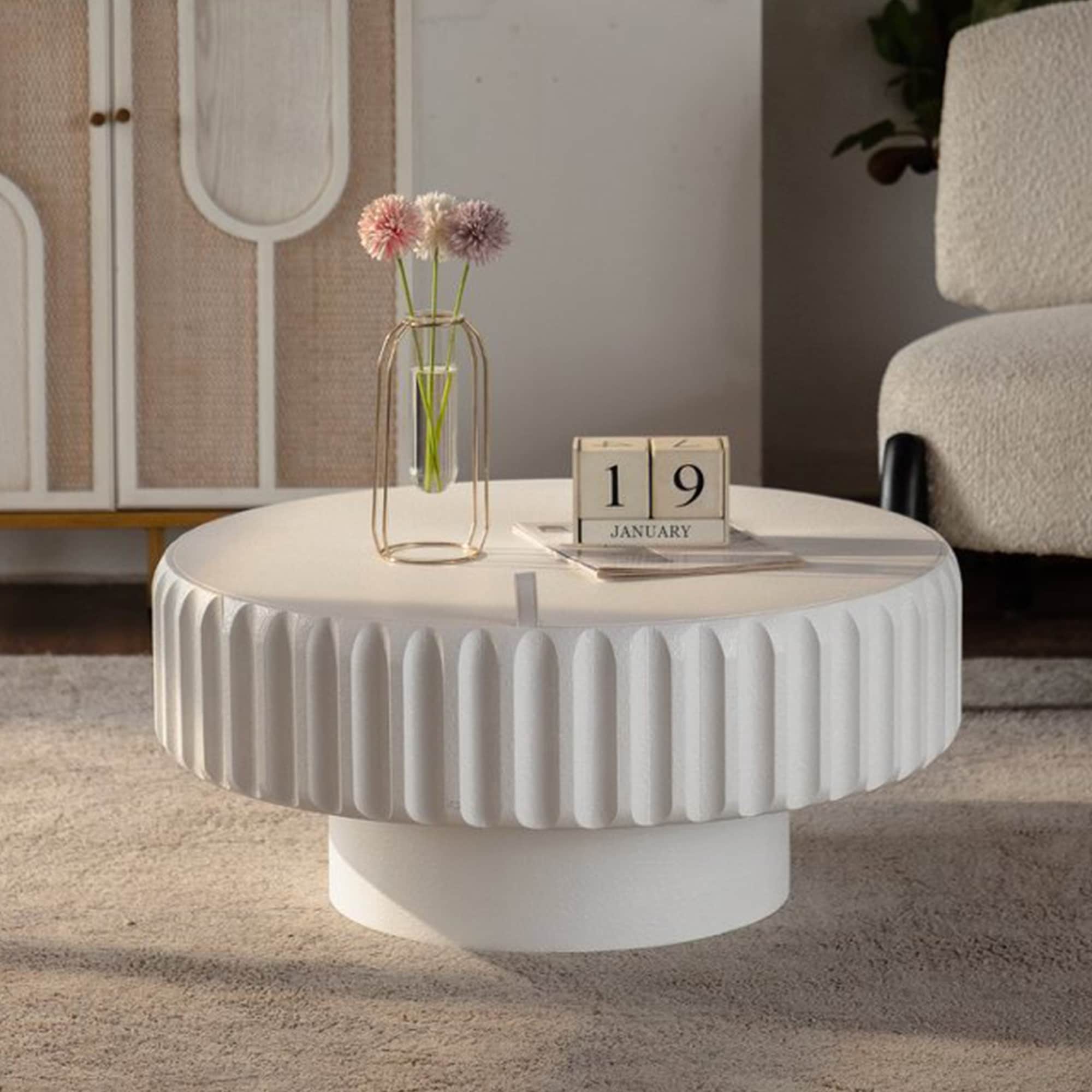 GDFStudio - Indoor Modern 31.5-in Wood Round Storage Coffee Table with Lift Top Lid and Fluted De...
