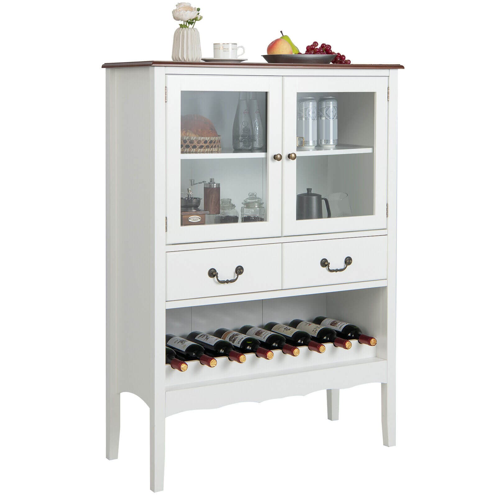 Slickblue D-CO-HW54401VJ Buffet Cabinet with Glass Doors and Drawers - Transitional White and Brown MDF Metal Pine Wood Cabinet - Open Wine Rack Storage