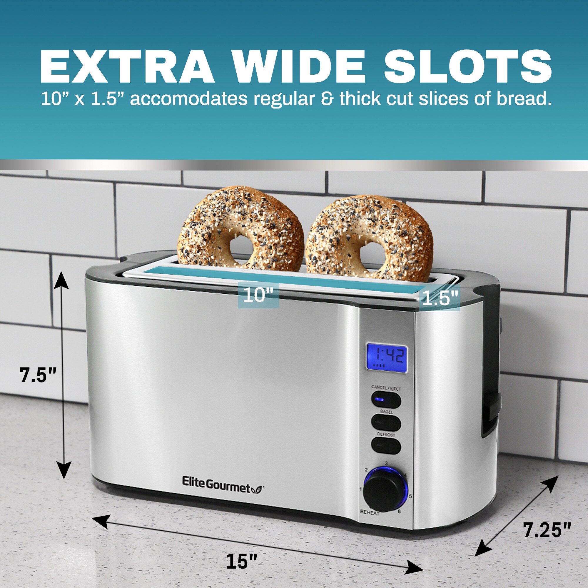  Elite Gourmet ECT-3100 Long Slot 4 Slice Toaster, Reheat, 6  Toast Settings, Defrost, Cancel Functions, Built-in Warming Rack, Extra  Wide Slots for Bagels & Waffles, Stainless Steel & Black: Home 