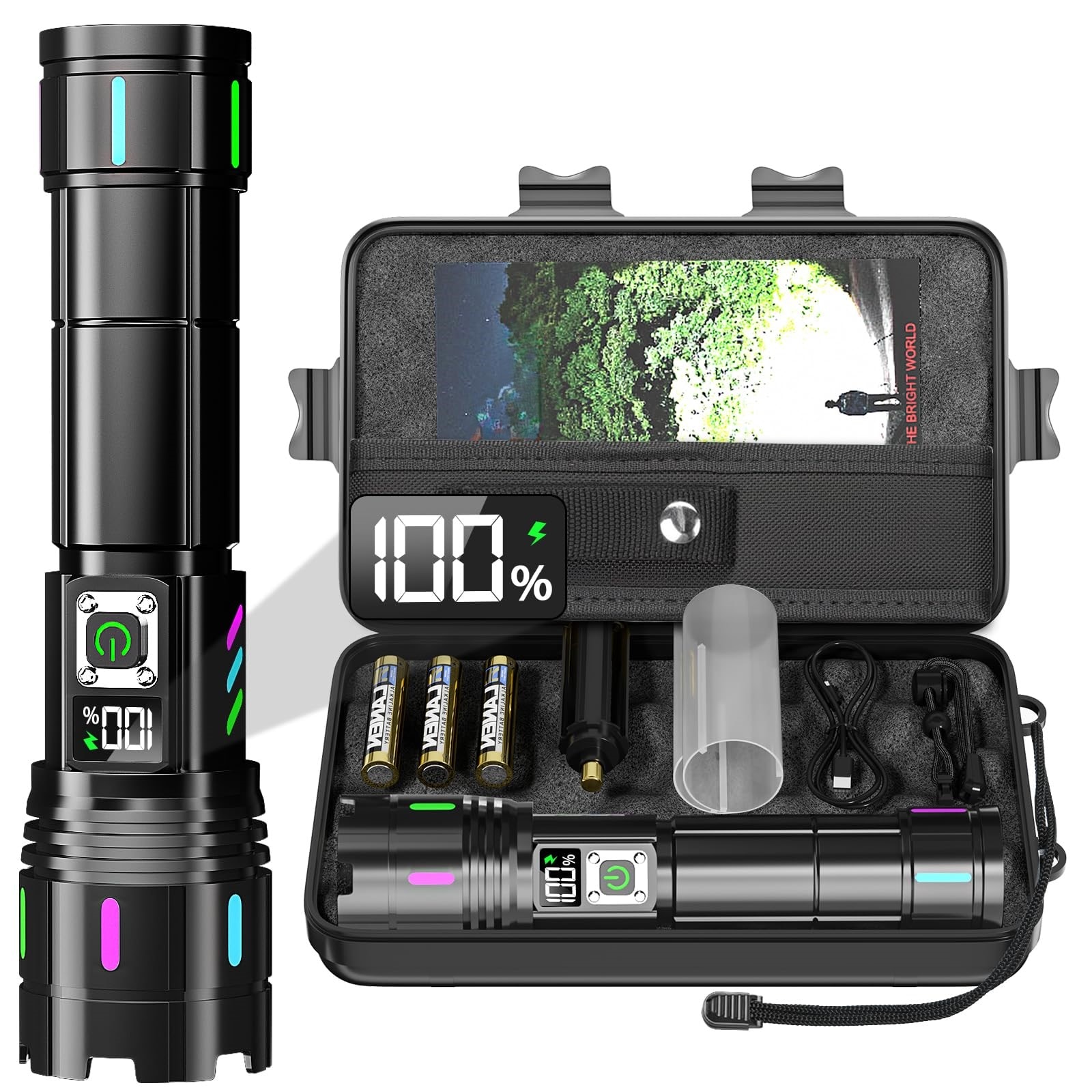 Oyezvary  1 Piece 20000 Lumens Rechargeable LED Flashlight 30W Super Bright LCD Display 3937ft Beam 12 Hour USB C Handheld for Camping Emergency