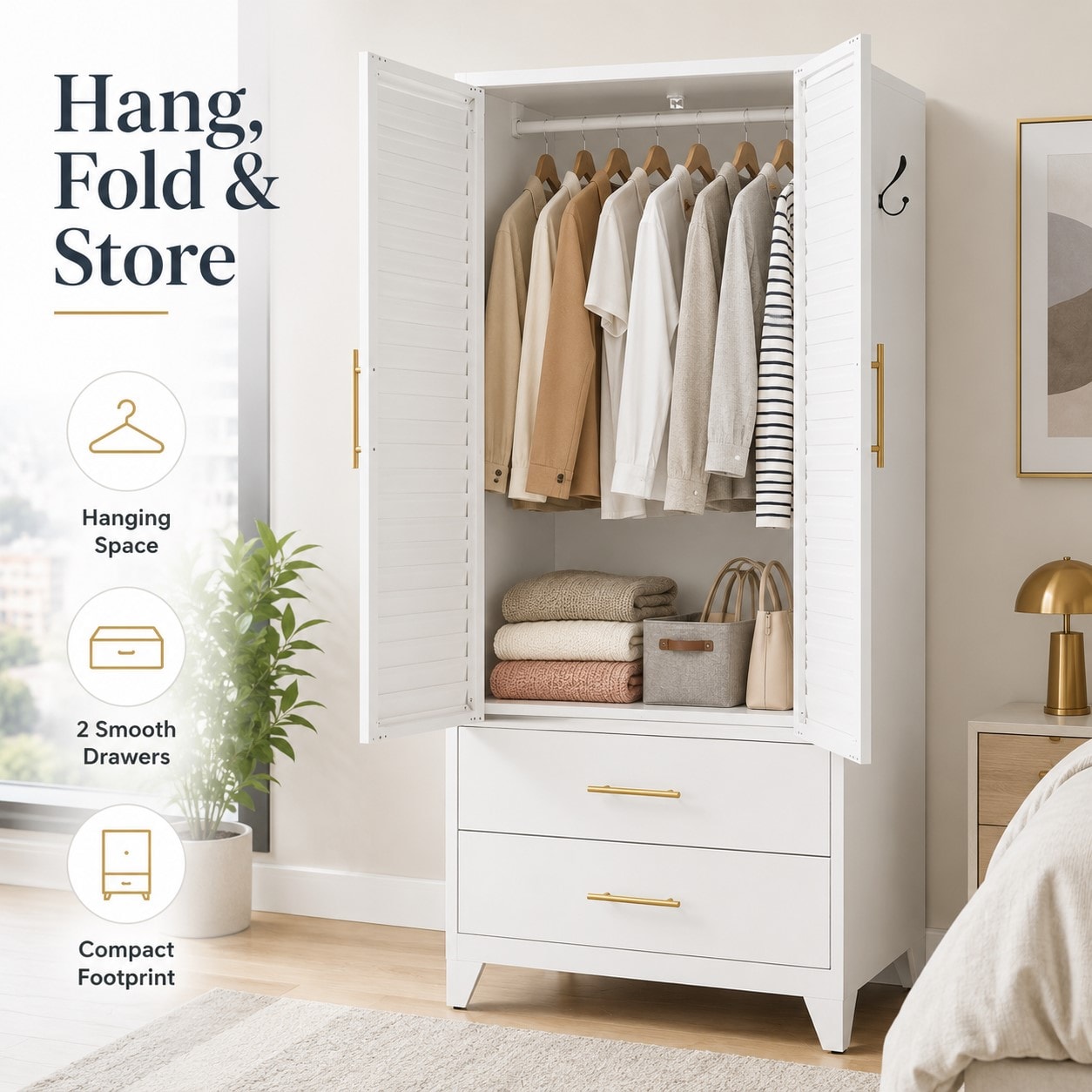 HBUDS - 71 Inch White Metal Wardrobe Closet 2 Doors 2 Drawers Lightweight Storage Cabinet for Sma...