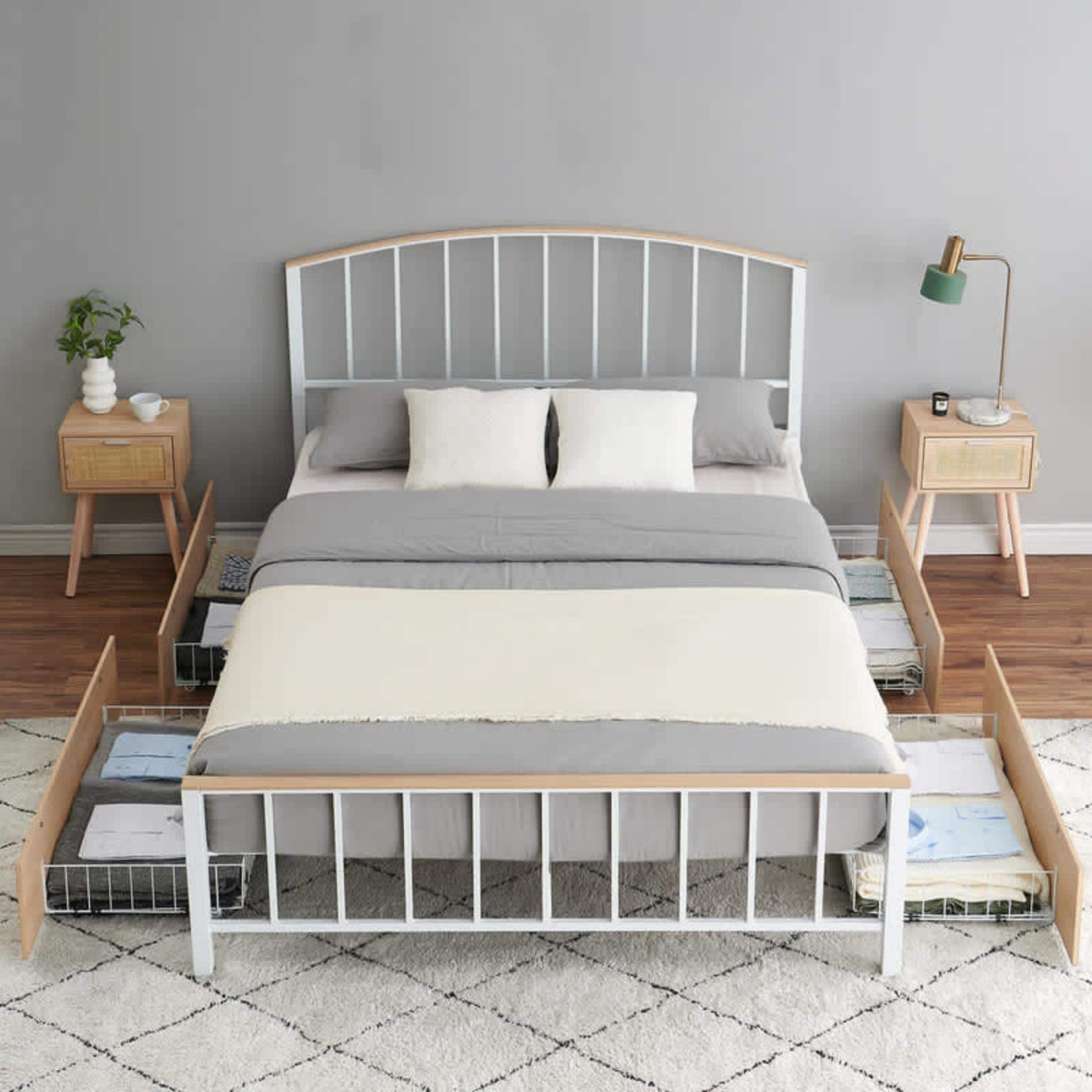 Qeetex VGX-PHO-0XFYNB1W Queen White Bed Frame with 4 Storage Drawers Metal Platform Bed with Headboard Stable Furniture Bed Noise-Free Design Large Storage Space No Box Spring Needed