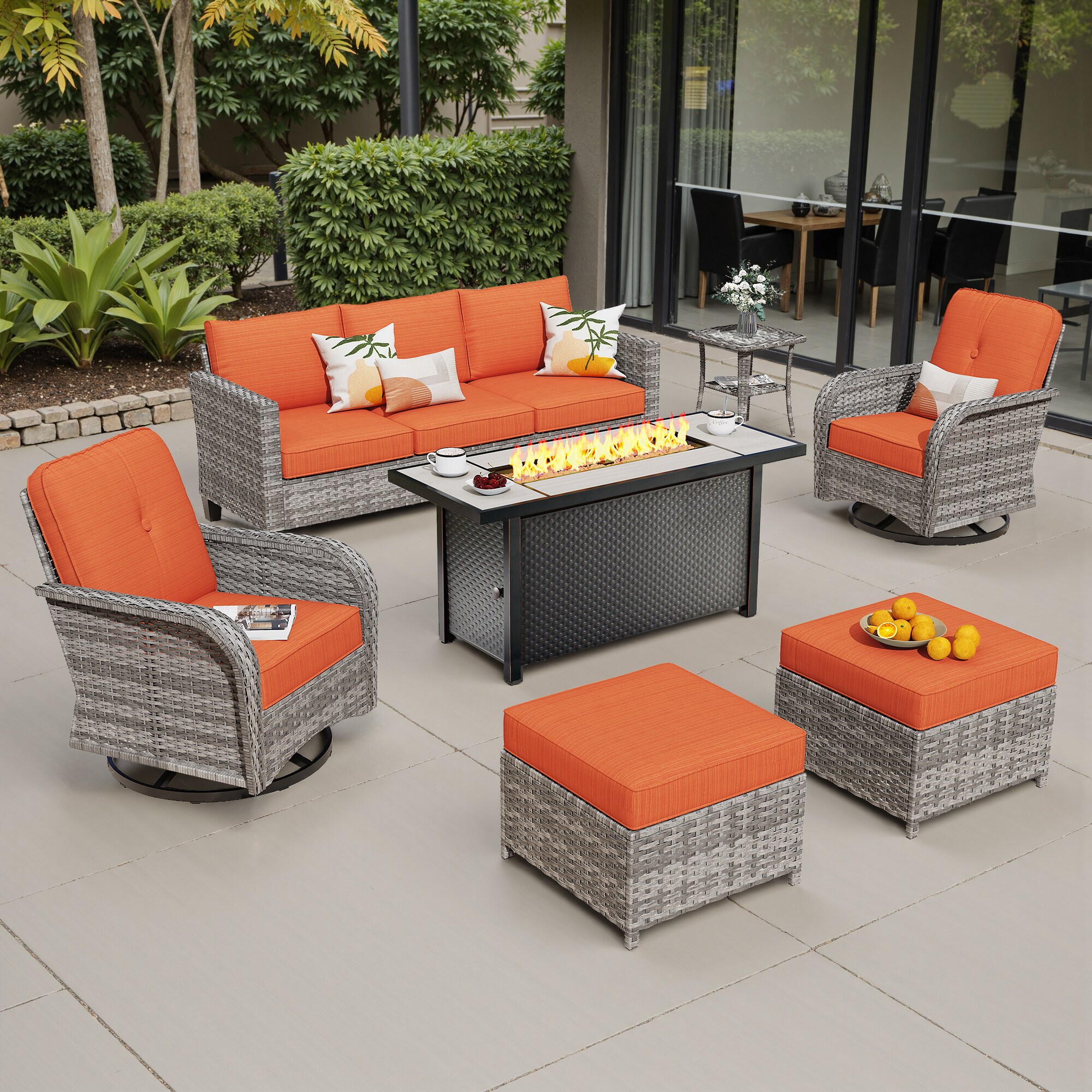 weaxty HMBCFPYZGNCGNTC407 Initial 7 -Piece Wicker Patio Sofa Conversation Set with Orange Cushions