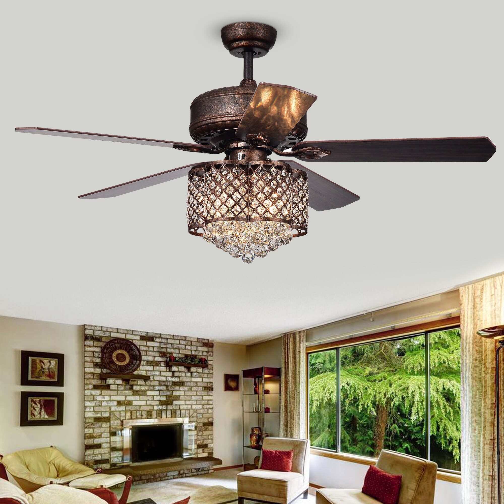 Rustic Bronze 52" Ceiling Fan with Crystal Lighting and Reversible Blades