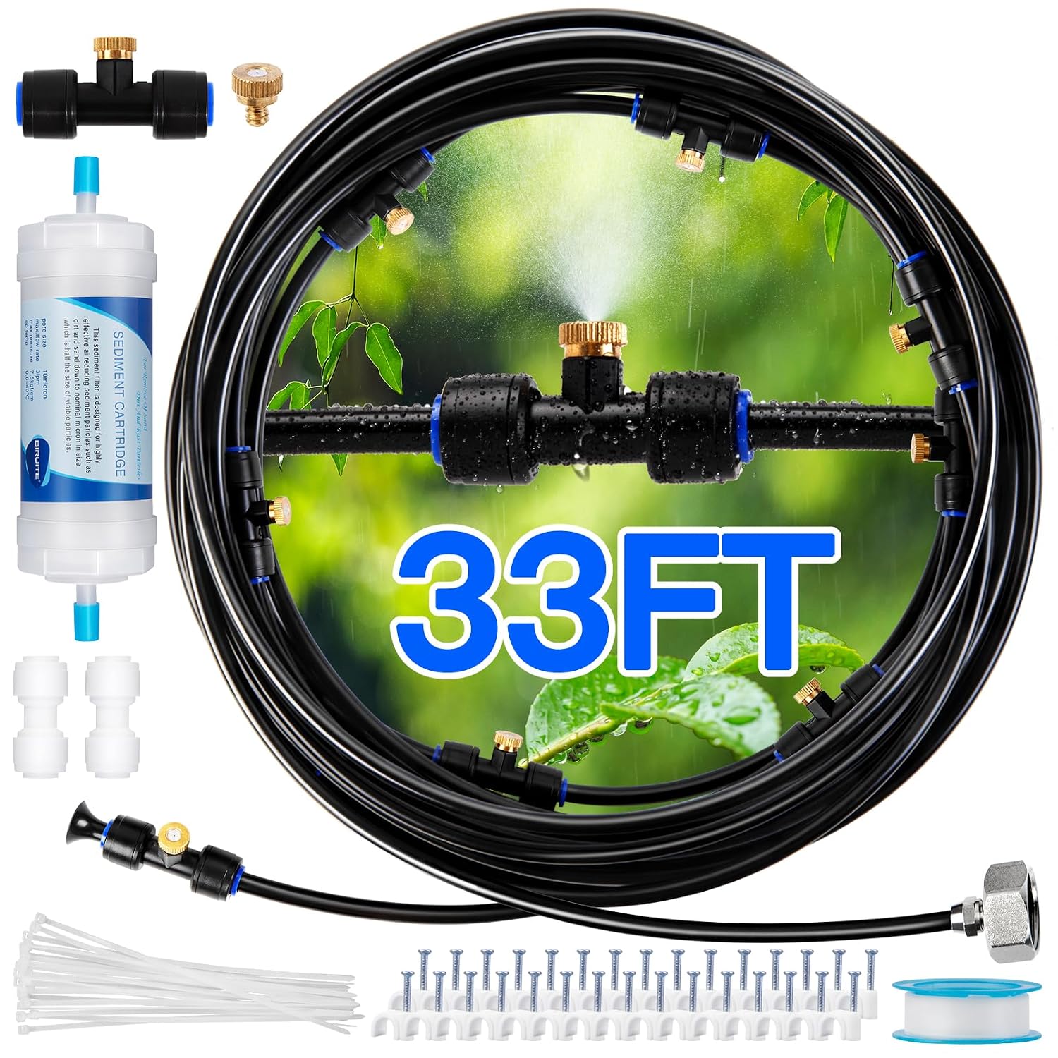 CJGQ 33 Ft Outdoor Patio Misting System with Water Filter 9 Brass Nozzles and 3/4 In Brass Faucet Adapter for Cooling Patio Greenhouse Backyard Garden BBQ Pool
