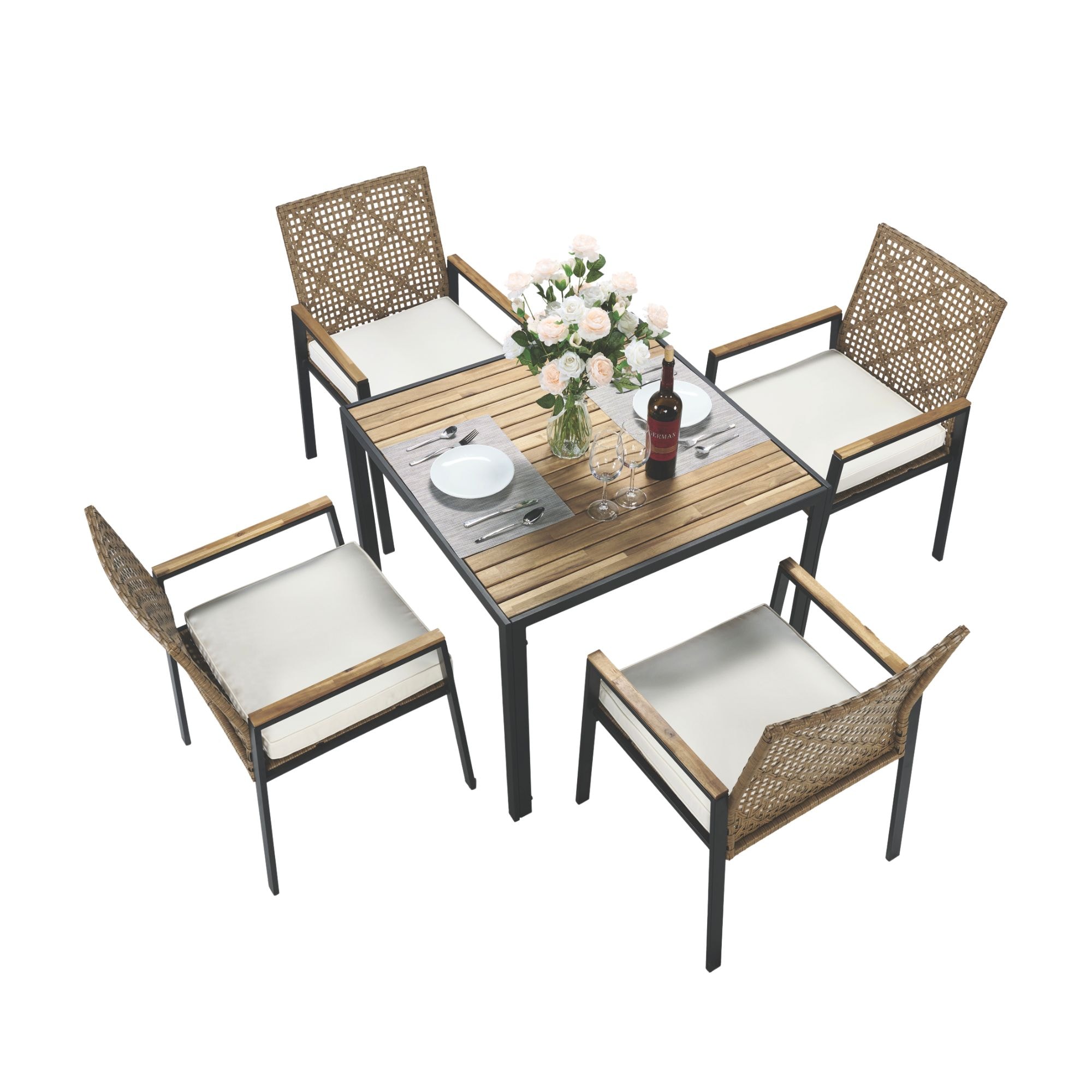 Mondawe LY4867-MO 5 -Piece Black Patio Dining Set Wood Square Table with 4 Off-white Stackable Spring Motion Chairs and Umbrella Included