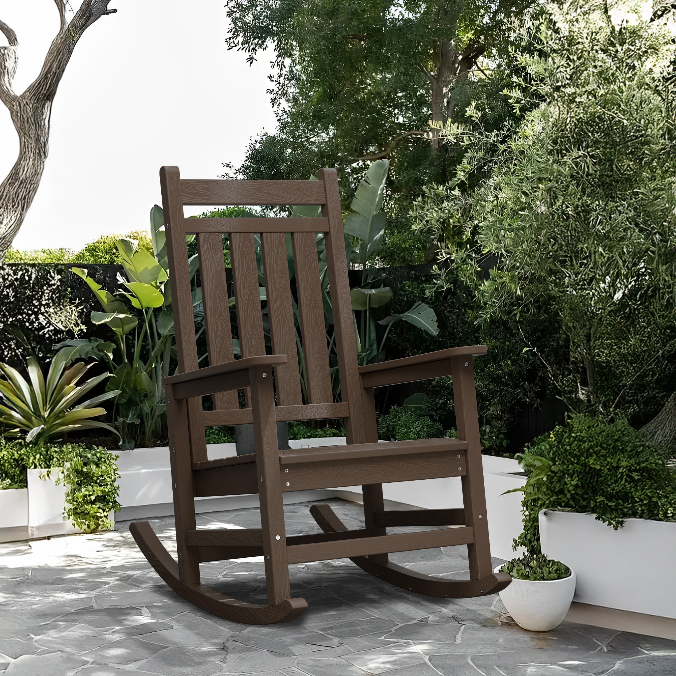 JEAREY YDYY-AG HDPE High-back Patio Rocking Chair Coffee HDPE Frame Rocking Chair with Slat Seat