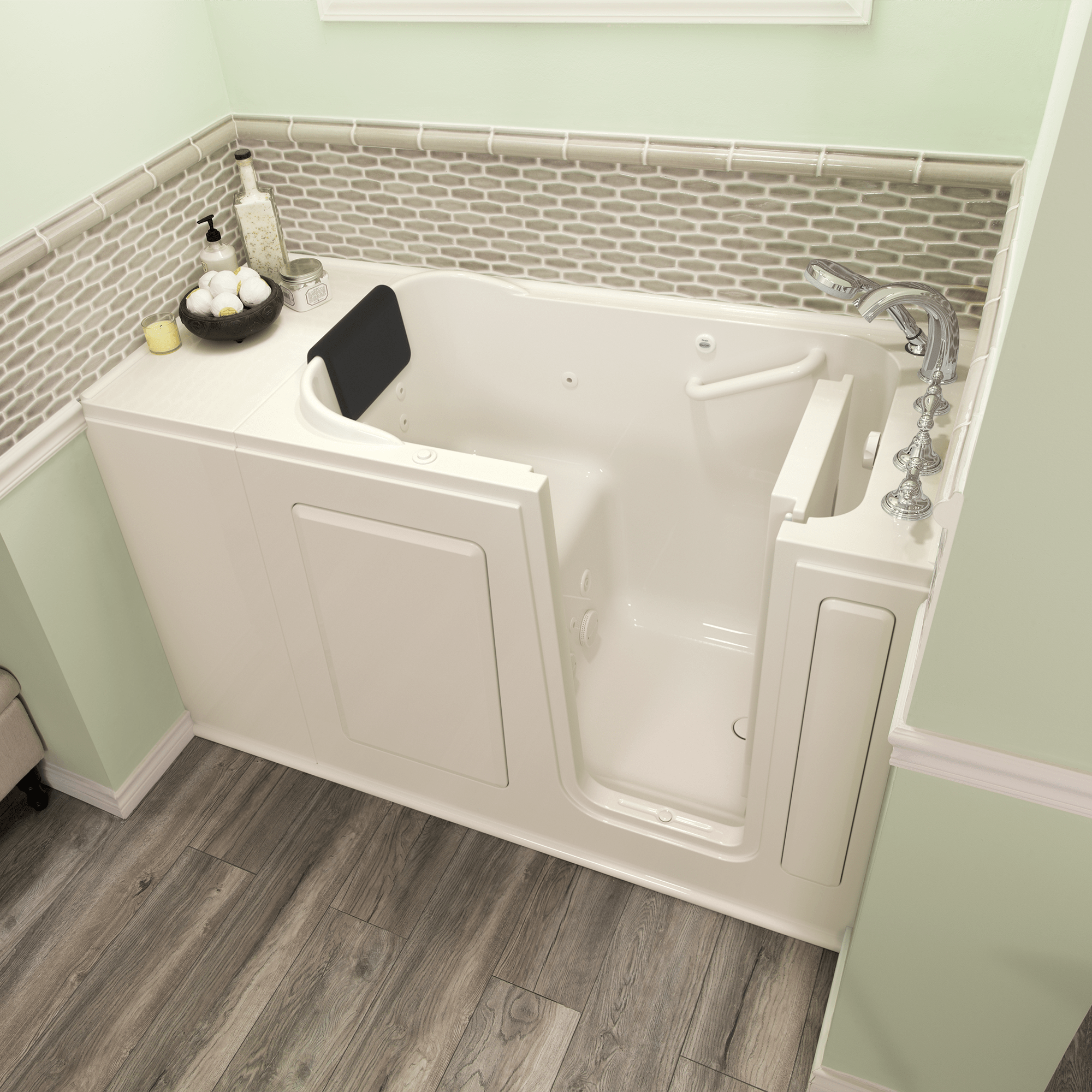 American Standard 2848.109.WRL 28.0-Inches x 48.0-Inches Linen Gel-coated fiberglass Rectangular Walk-in Whirlpool tub with Faucet Hand Shower Drain ( Right Drain )