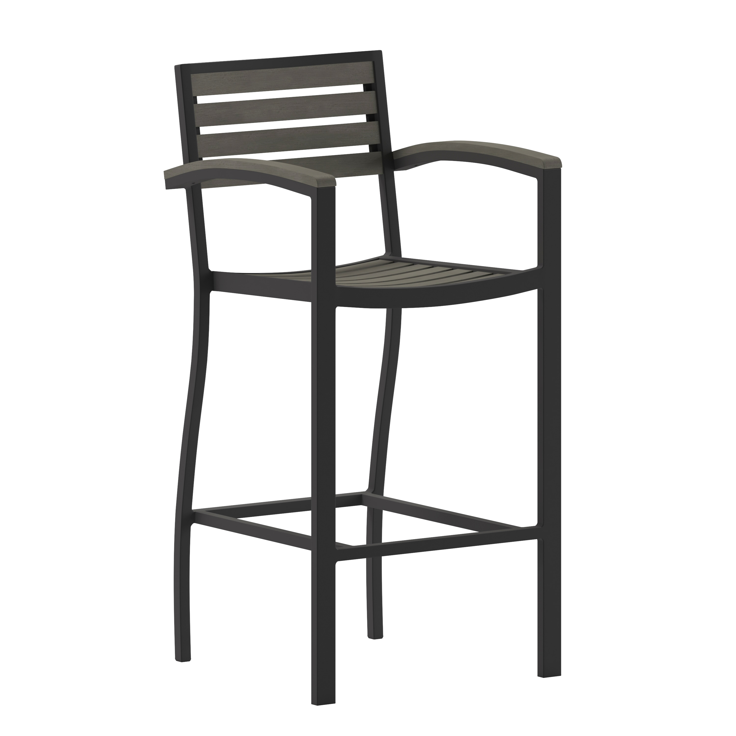 Flash Furniture 196861093340 Lark Commercial Grade Bar Height Stool with Arms; All-Weather Outdoor Bar Stool with Faux Wood Poly Resin Slats and Aluminum Frame; Gray Wash