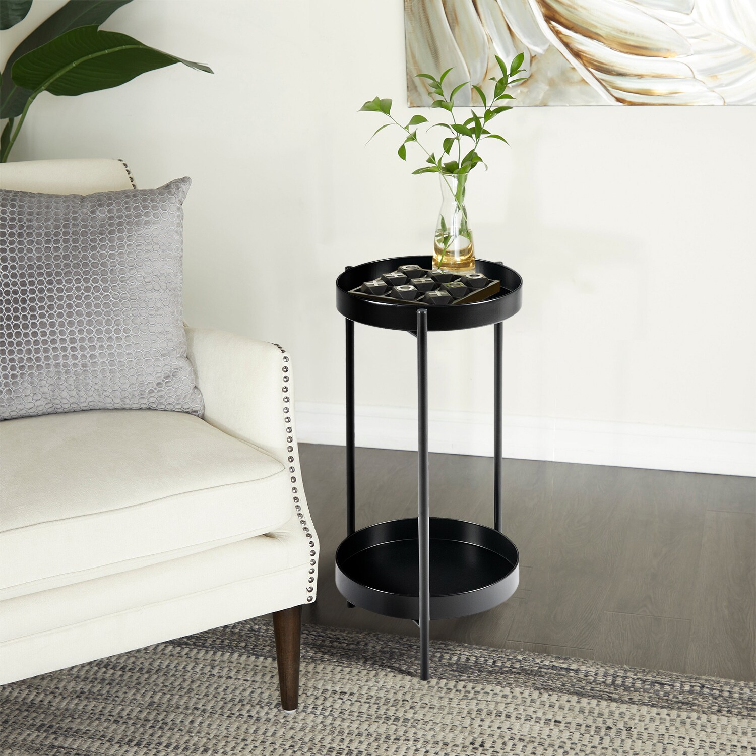 WELLFOR 24in H x 12in W Black Indoor/Outdoor Round Steel Plant Stand