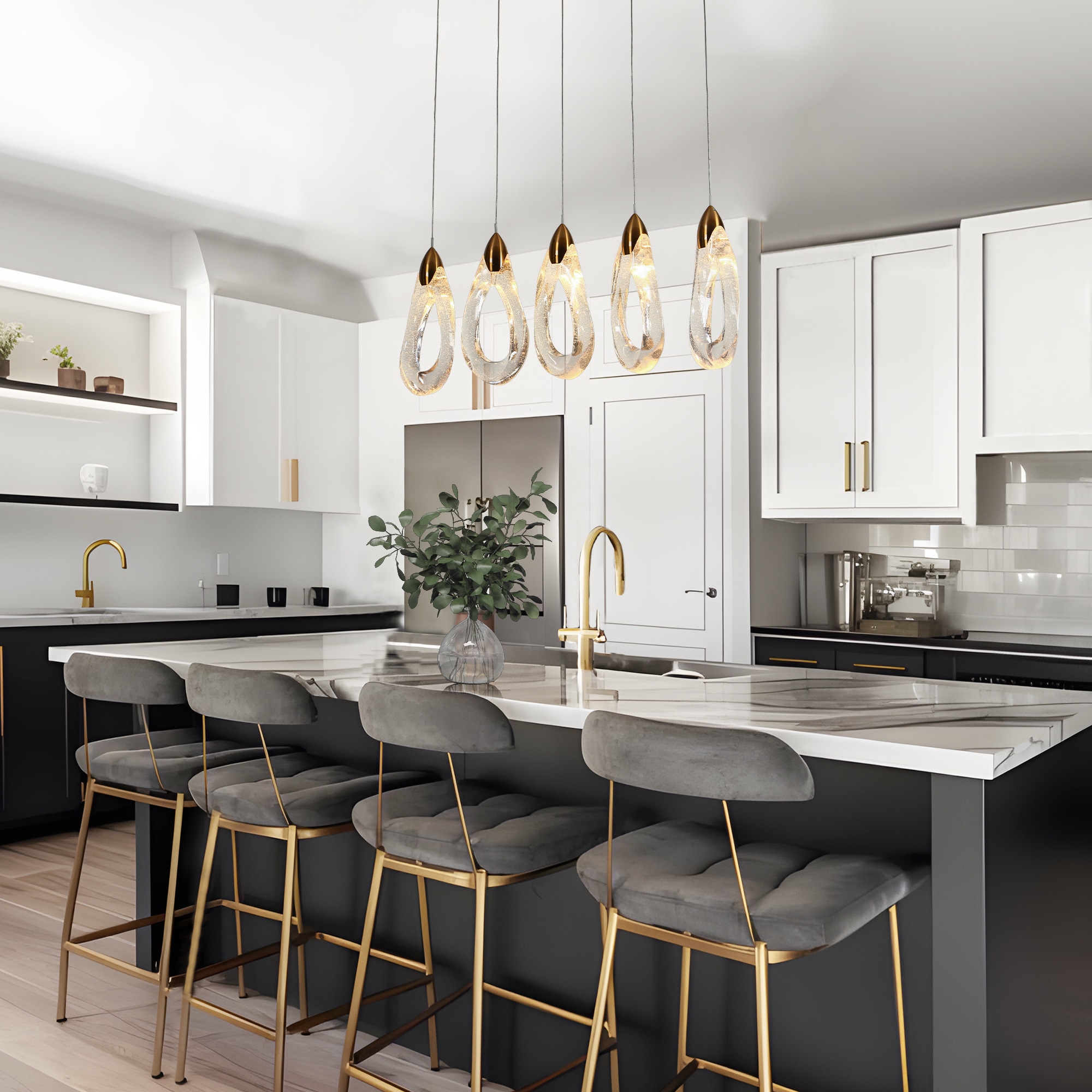 Gold and Clear Resin 5-Light LED Kitchen Island Chandelier