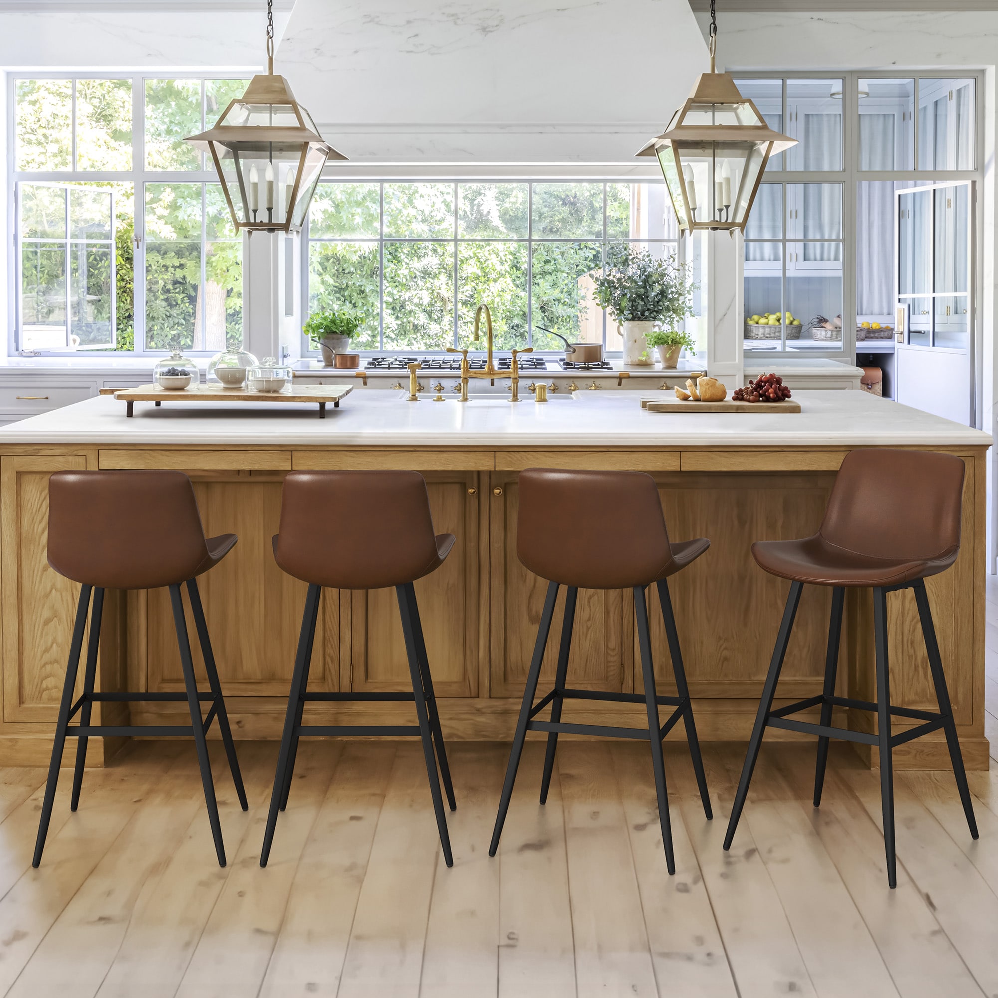 LUE BONA 4LB22CH0031-200LS Set of 4 Dark Brown 30-in H Bar height (28-in to 33-in) Bucket Seat Upholstered Metal Back Bar Stool Back