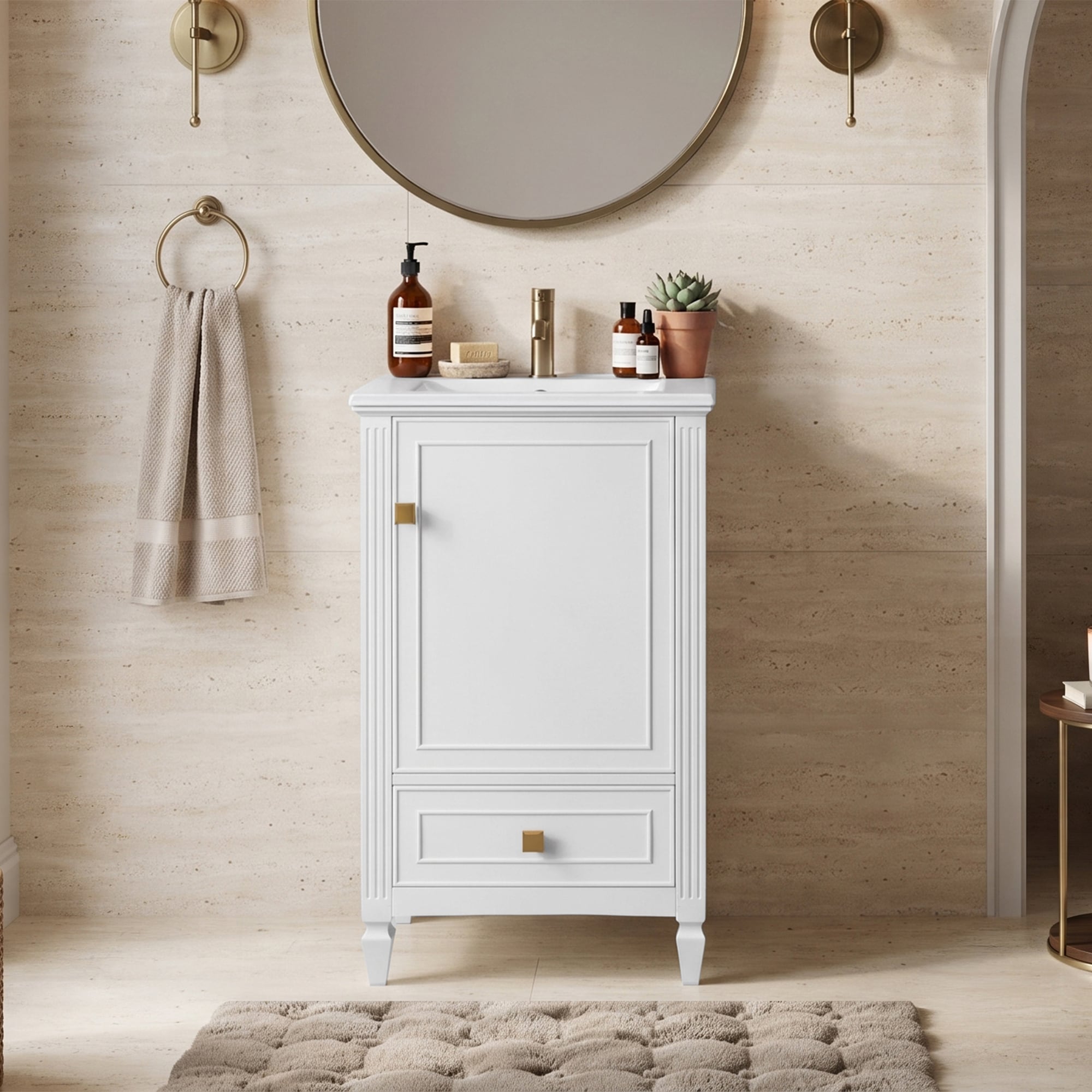 GDFStudio Retro 20 in Compact Freestanding Bathroom Vanity with Ceramic Sink Soft Close Door and Storage Rack - White