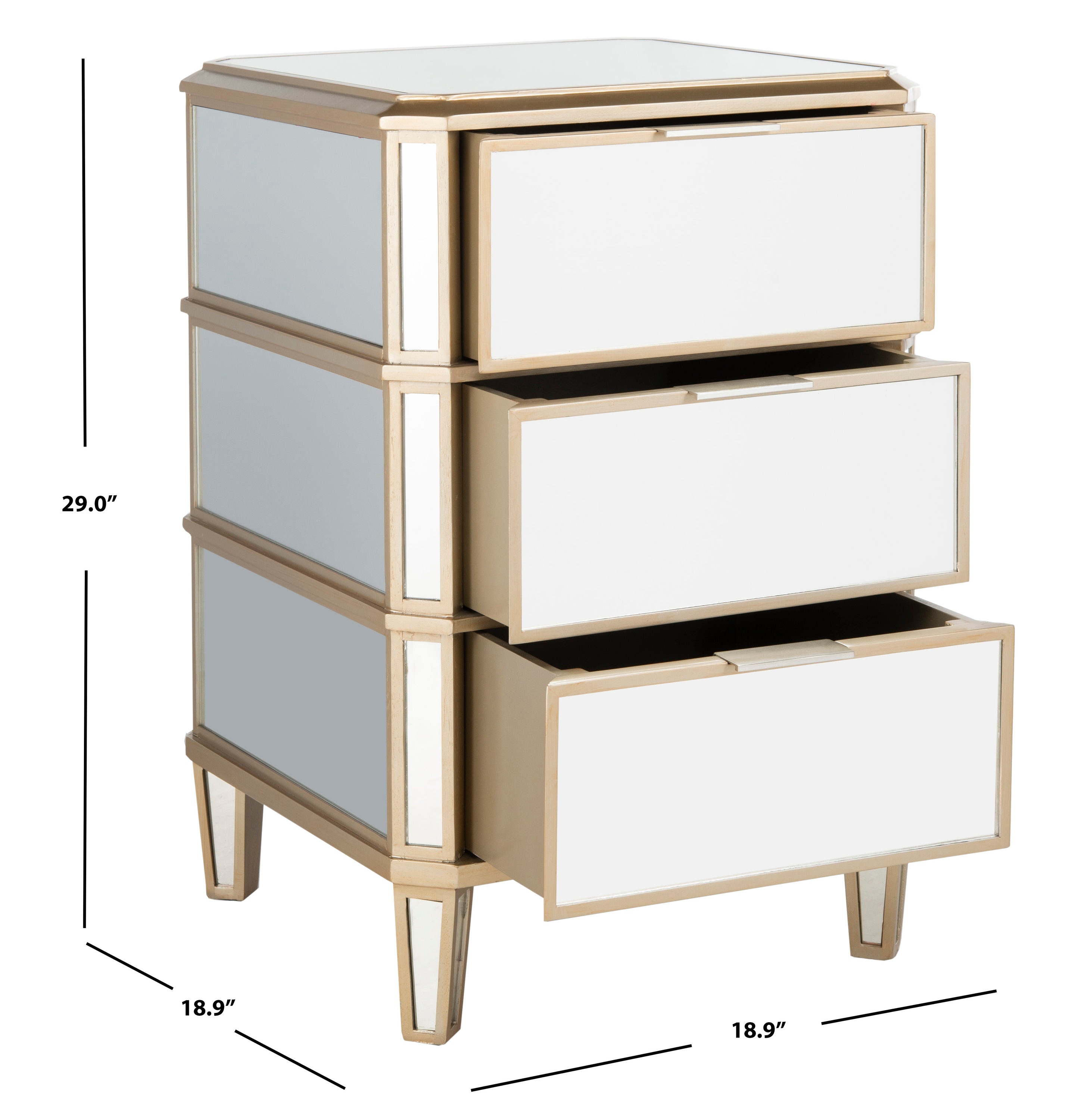 Transitional 3-Drawer Mirrored Nightstand in Transparent Finish
