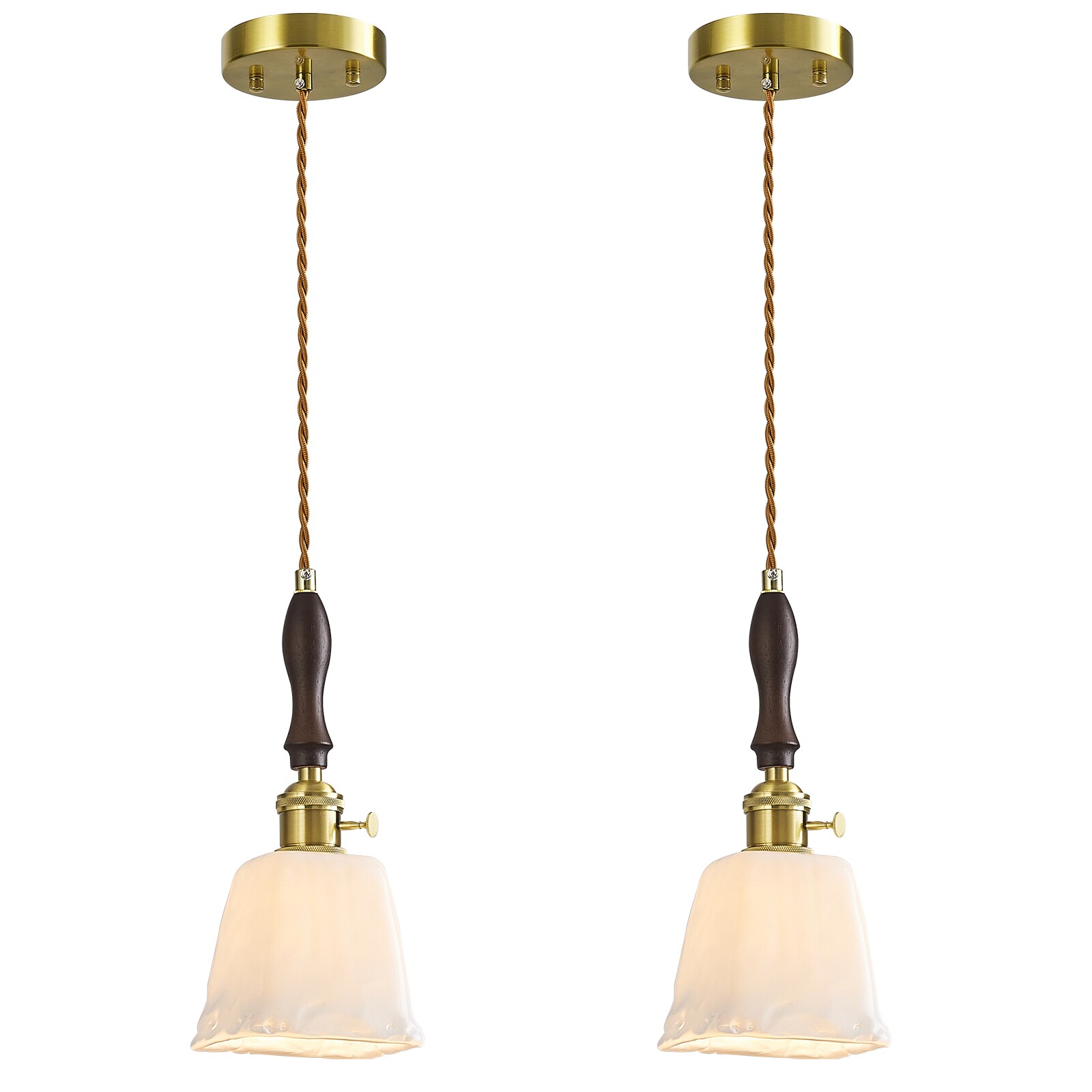 ZHLLMQ Vintage 1-Light 2 Pack Vintage Gold Finish Milky White Handmade Glass Square Trapezoid Non-Integrated LED 4.33 Inch Kitchen Island Hardwired Pendant Light With Wood Handle