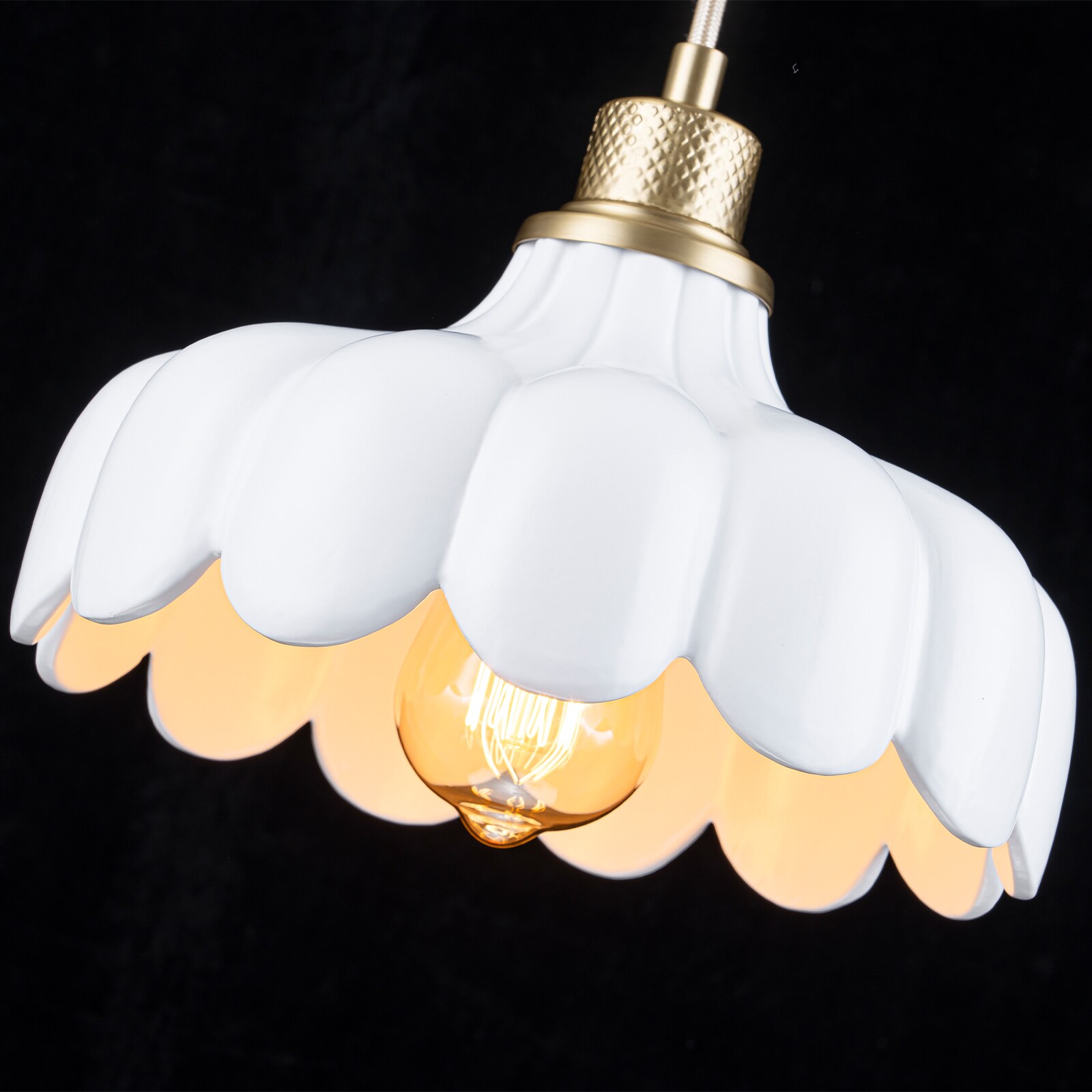MENCOLULU Milk-White Ceramic Flower Shade 1 -Light Gold Brushed Mid-century Ceramic Dome Medium Hanging Convertible pendant/Semi-flush Light
