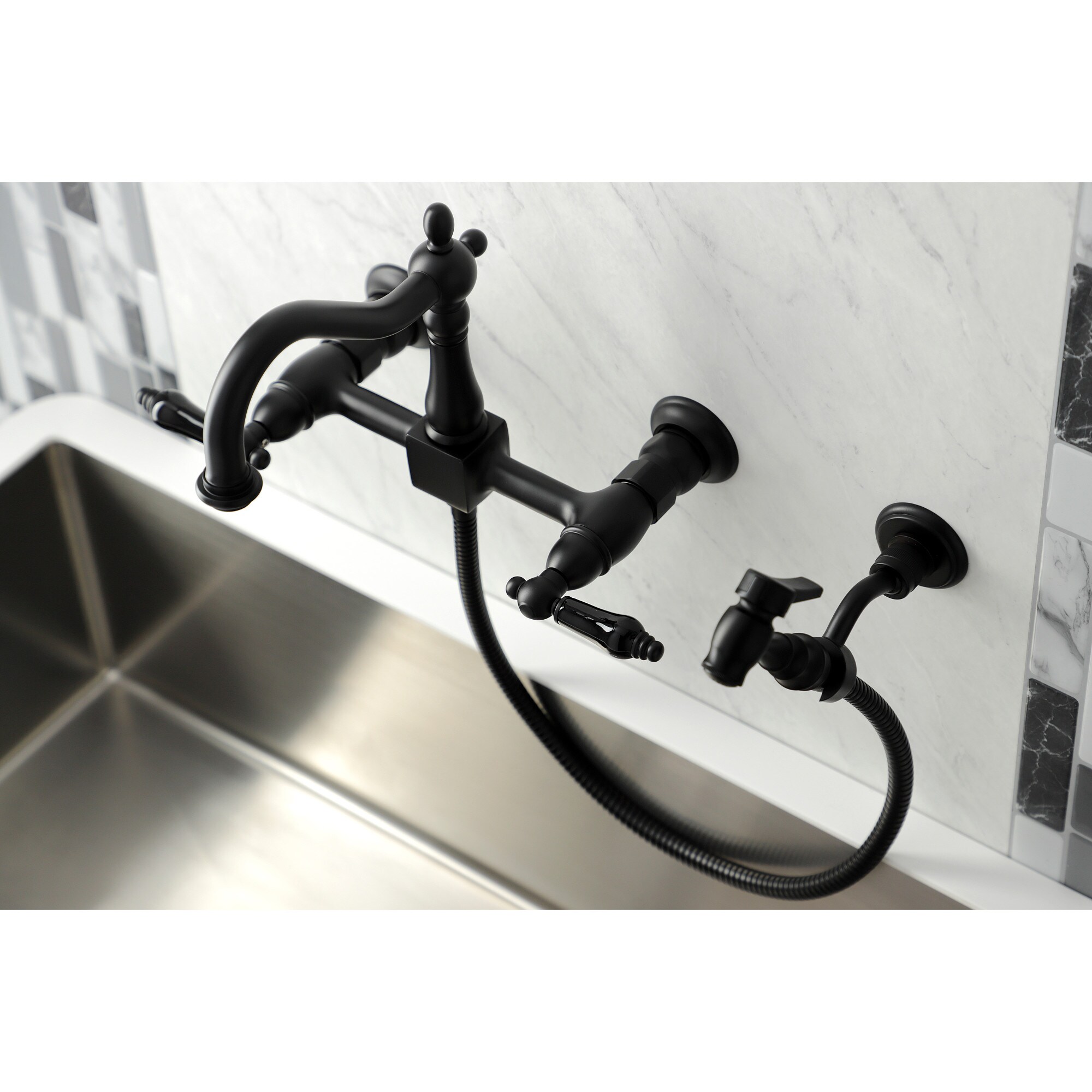 Kingston Brass WLKS1260PKLBS Duchess Matte black Double Handle Wall-mount Kitchen Faucet with Sprayer ( Side Sprayer Included )
