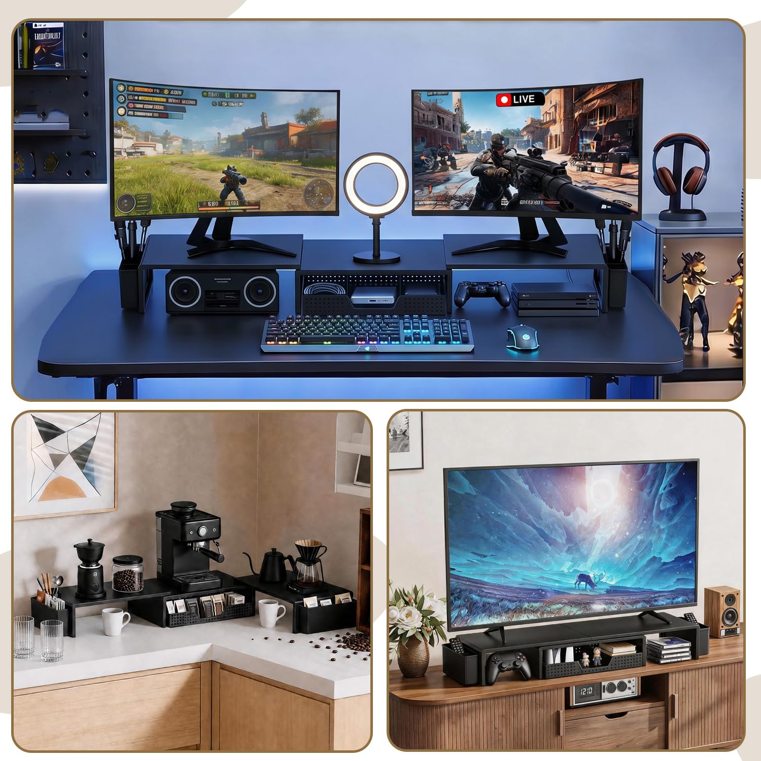 WZKZLH Black Dual Monitor Riser Stand With Drawer Desk Organizer ...