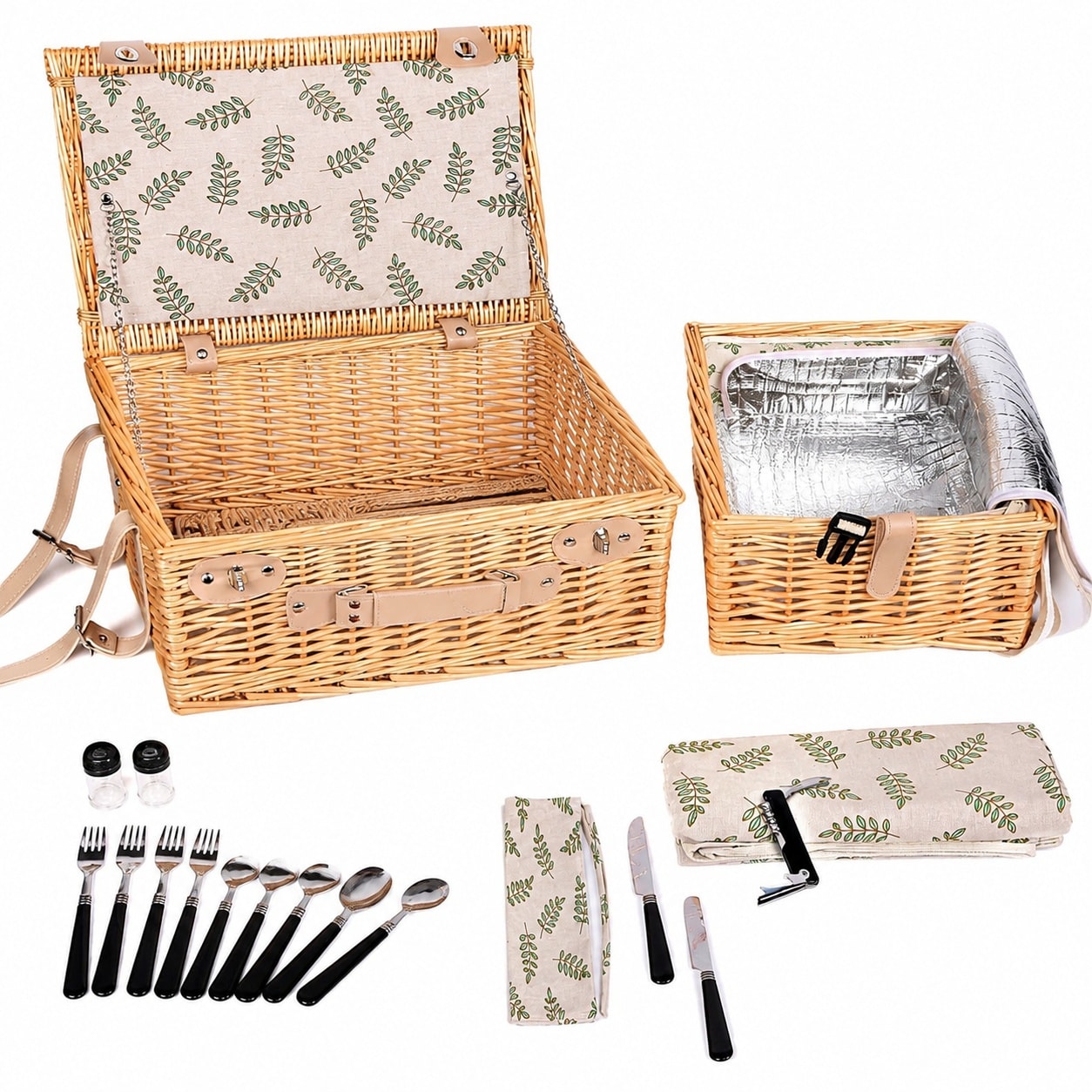 Aoibox Dual Wicker Picnic Basket 24 Piece White Set with Blanket and Bamboo Cheese Board for 4 for Home Use #LABB9UQE