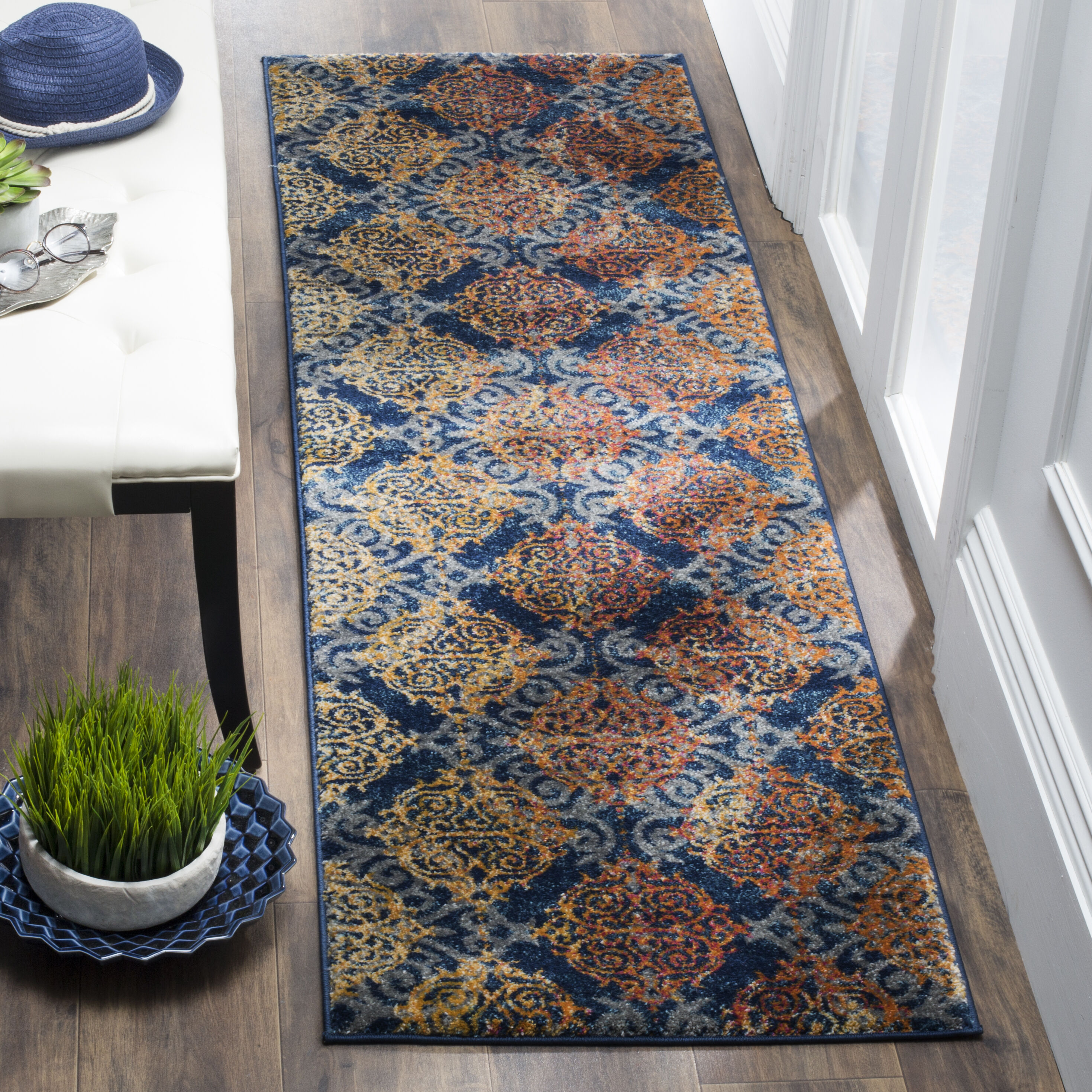 Safavieh EVK230S-27 Evoke Rigby 2 x 7 (ft) Loomed Synthetic Blue/Orange Rectangular Indoor Abstract Bohemian/Eclectic Runner rug