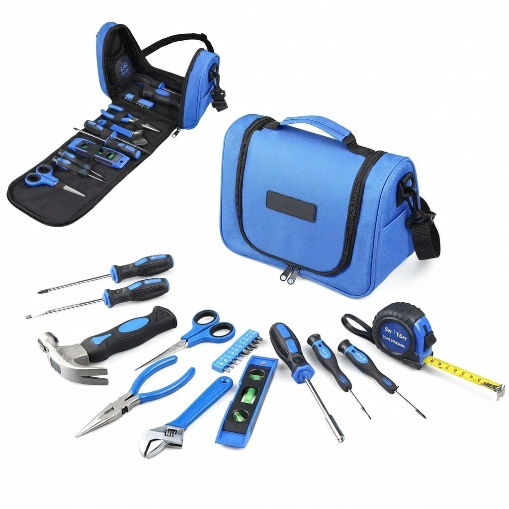 Ahfiwaso 21 Piece Blue Tool Kit with Tool Bag and Shoulder Strap Essential Hand Tools for Home Dorm Office Apartment DIY Projects Organized Storage