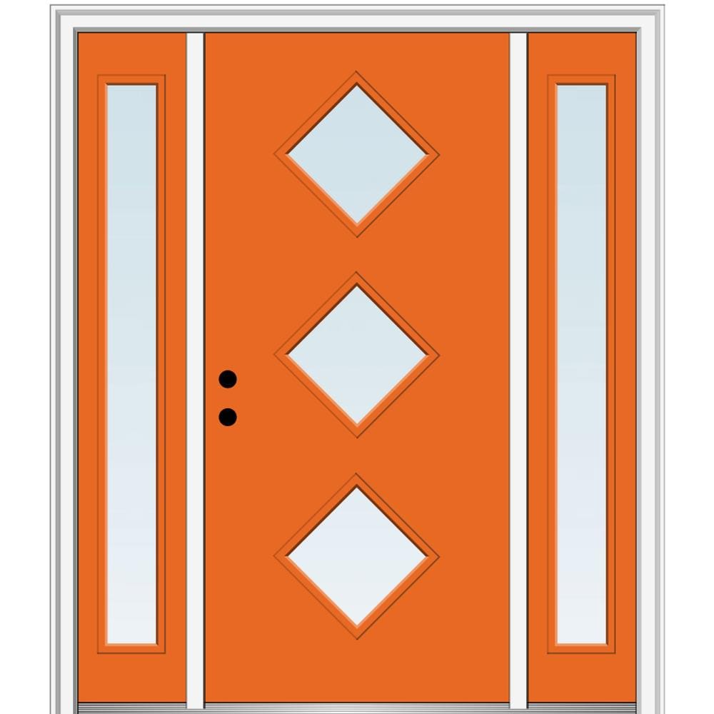 MMI DOOR ZZ346267R Spotlights 64-in x 80-in x 4-9/16-in Fiberglass Pulse lite Right-hand inswing Tangerine Painted Prehung Front Door with Sidelights with Brickmould Insulating core