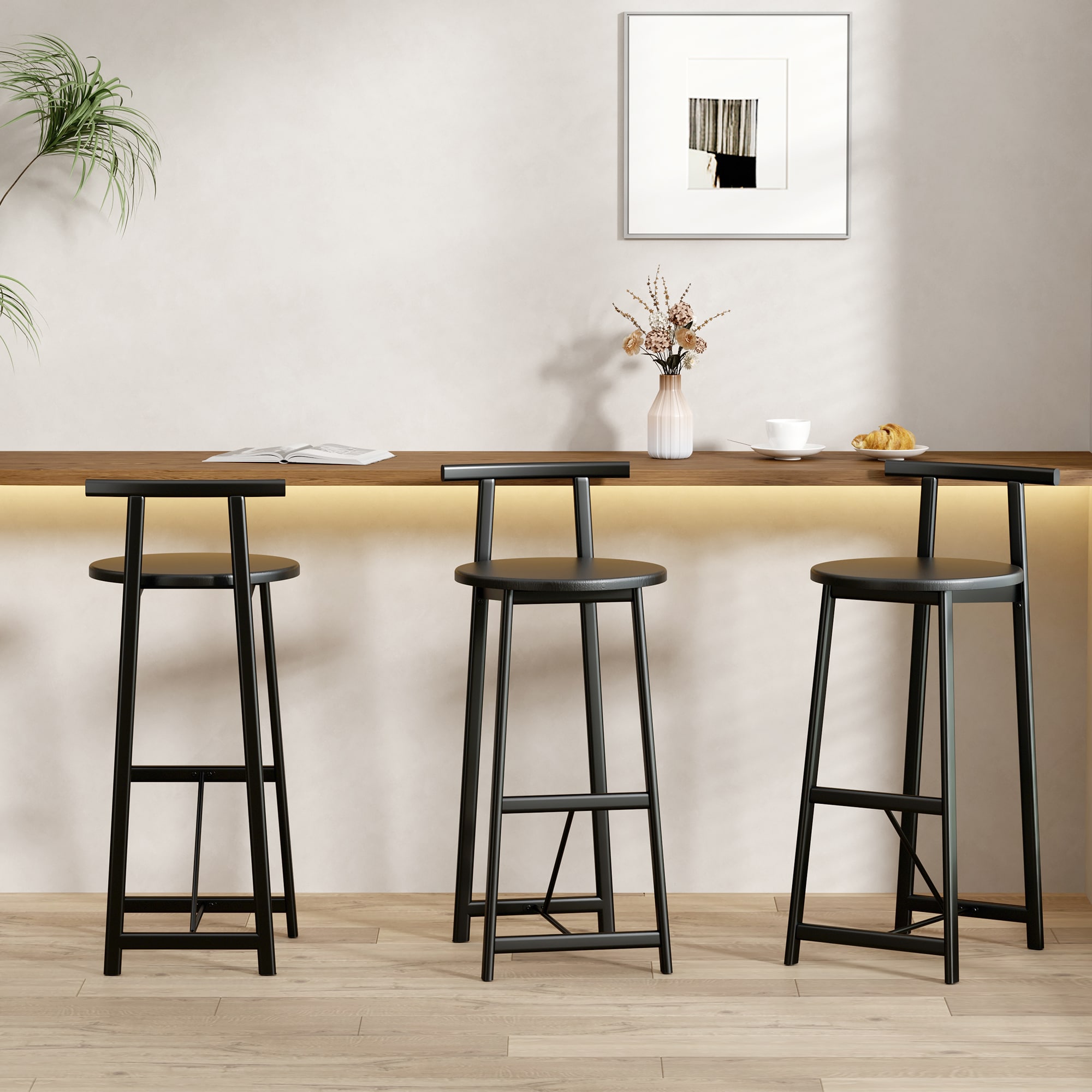 GDFStudio - Axis Modern Wooden Round Seat Counter Height Bar Stool with Adjustable Leg Pads - Met...