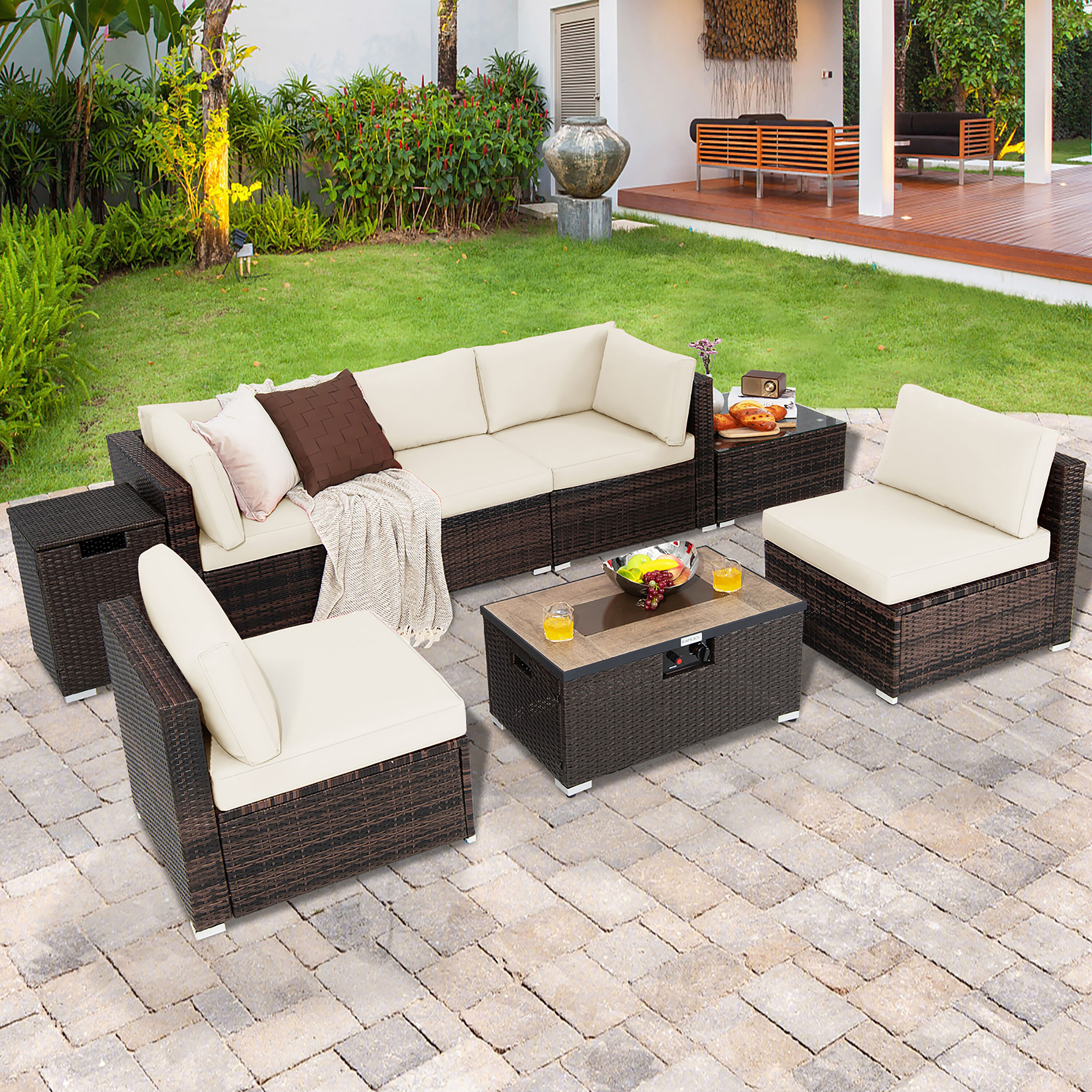 Costway 7-Piece Rattan Patio Conversation Set with White Cushions in ...