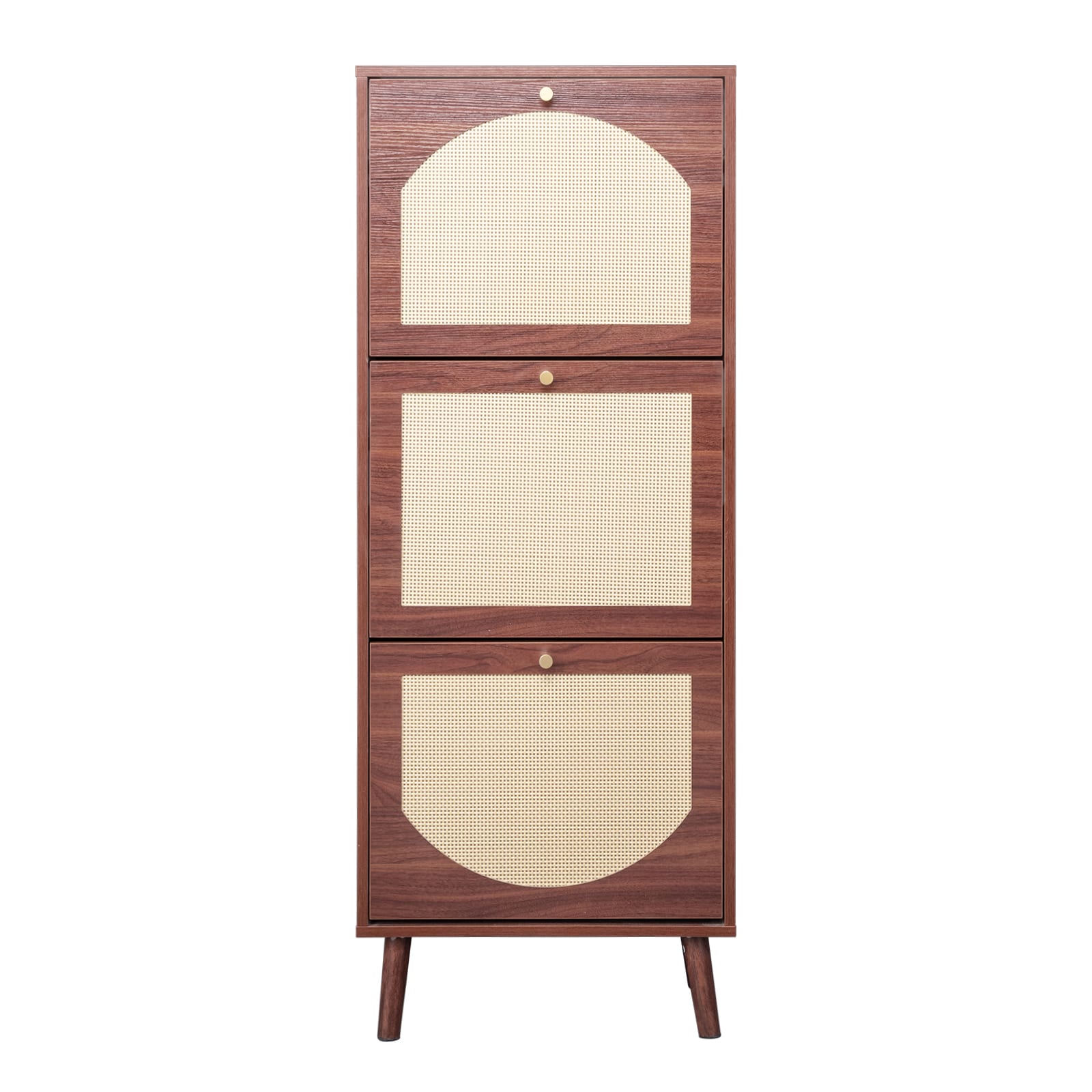 Bestcore Brown Rattan Front Shoe Cabinet with 3 Flip-Down Compartments - Tall Entryway Shoe Rack Storage Organizer - Particleboard 54x24x135cm