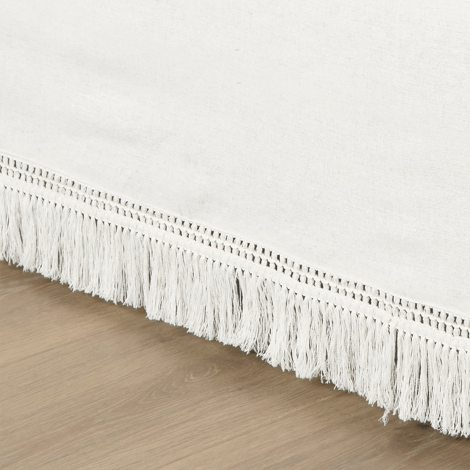 Pure White Queen Cotton Linen Boho Fringe Bed Skirt