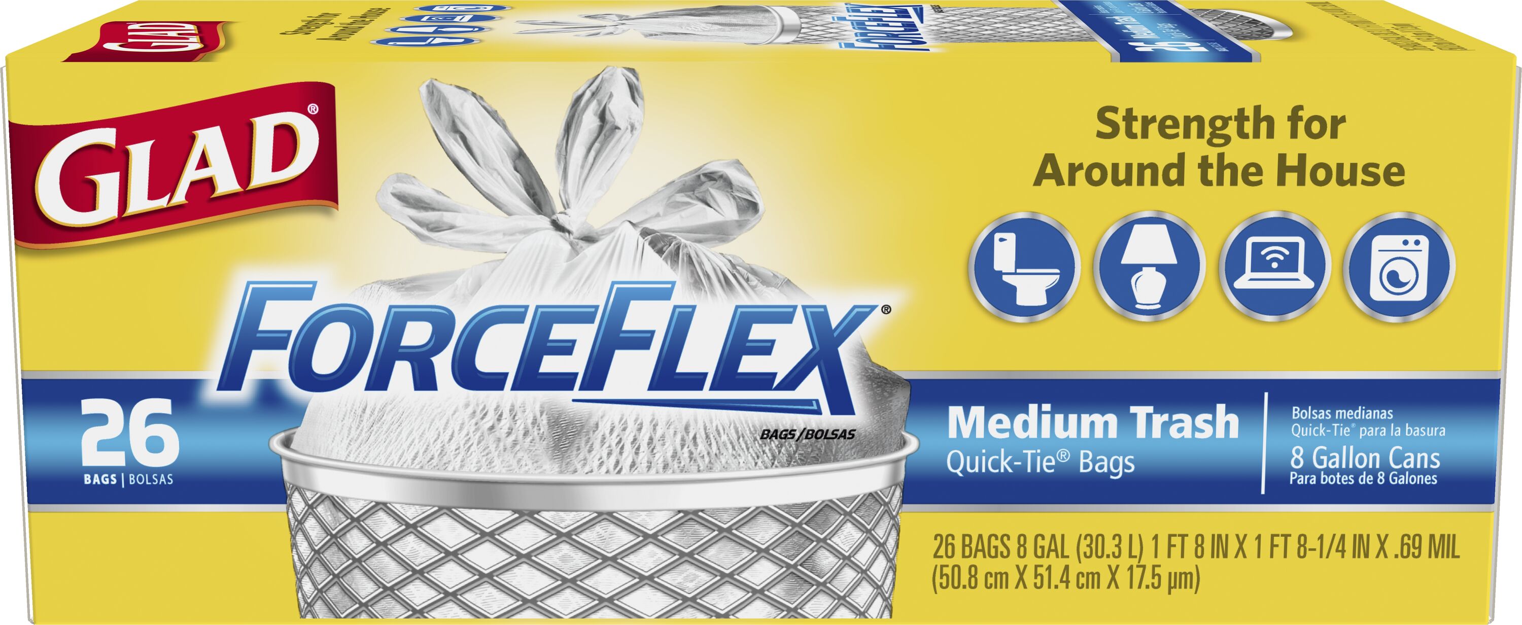 Glad 1258770403 ForceFlex 8-Gallons White Indoor Plastic Wastebasket Flap Tie Trash Bag 26 -Count