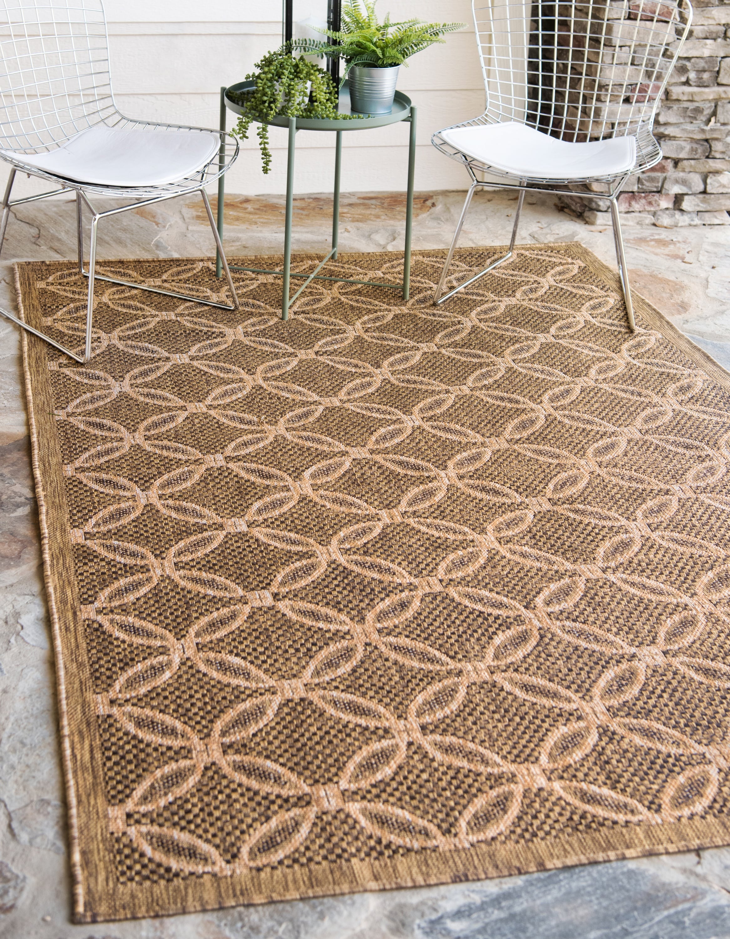 Ivory and Brown Synthetic Flat Woven Reversible Outdoor Rug
