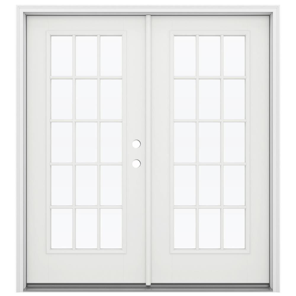 JELD-WEN LOWOLJW184100036 F-3500 72-in x 80-in x 4-9/16-in Jamb Low-E External grilles , Modern White Fiberglass Left-hand inswing French Double Patio Door Brickmould Included