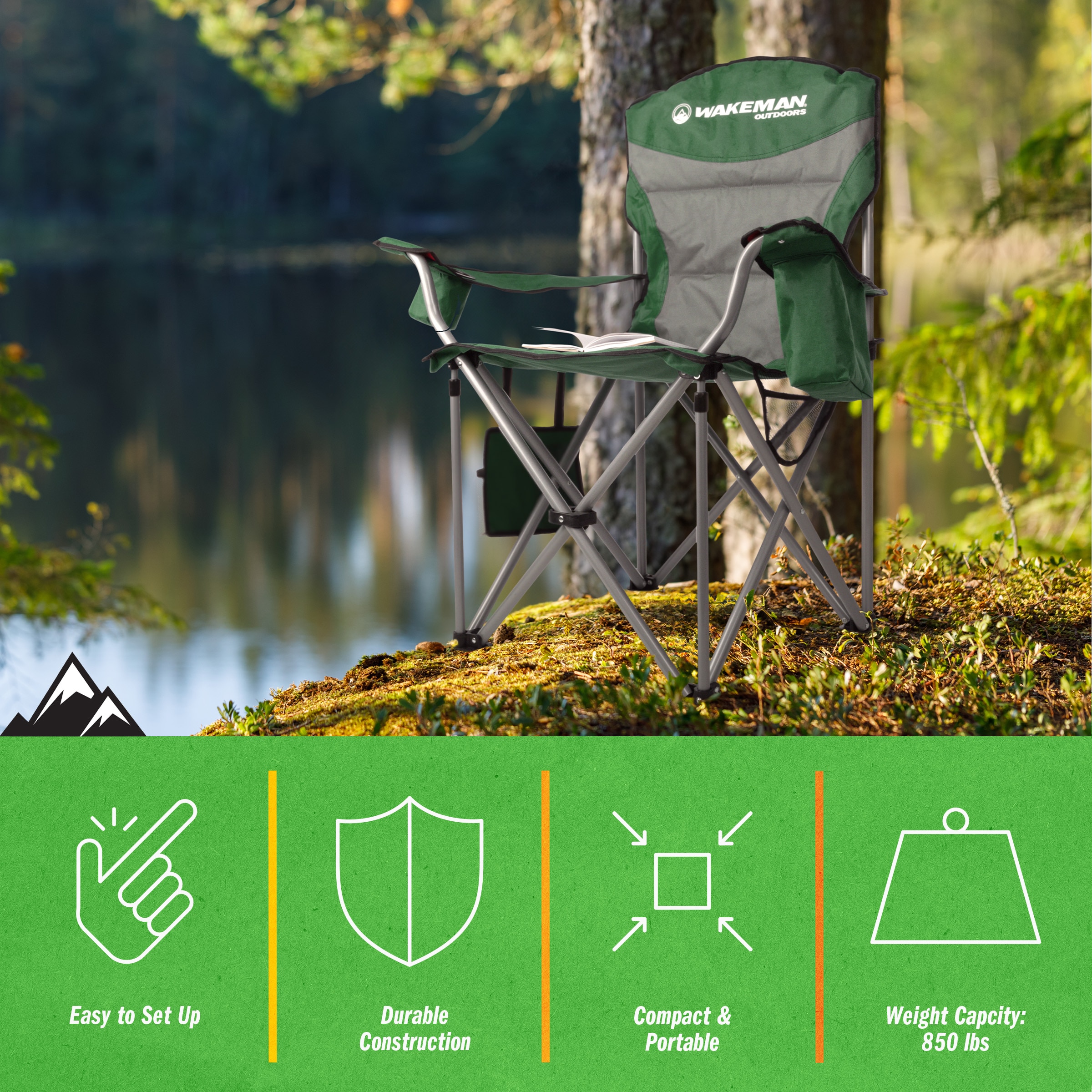 Wakeman Oversized Green Polyester Folding Camping Chair with Cooler