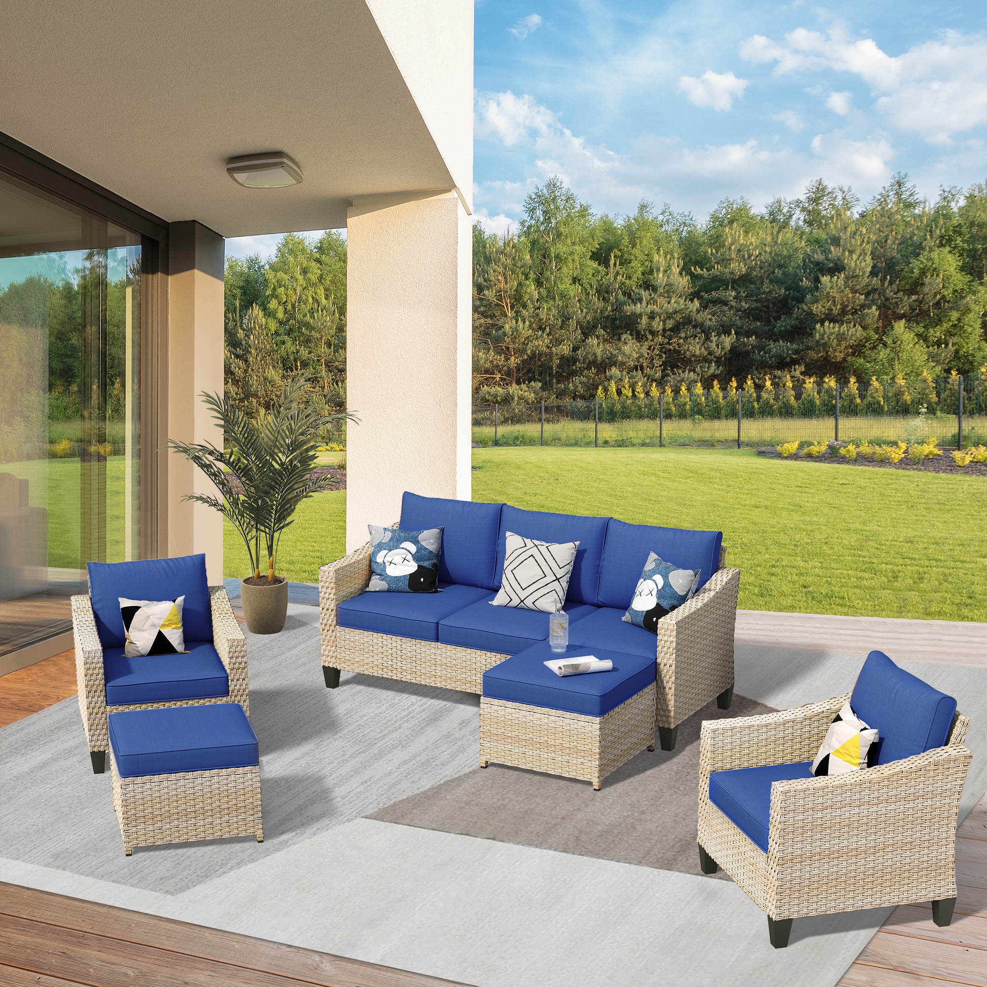 weaxty HMBDAR705 Athena 5 -Piece Wicker Patio Sofa Conversation Set with Blue Cushions