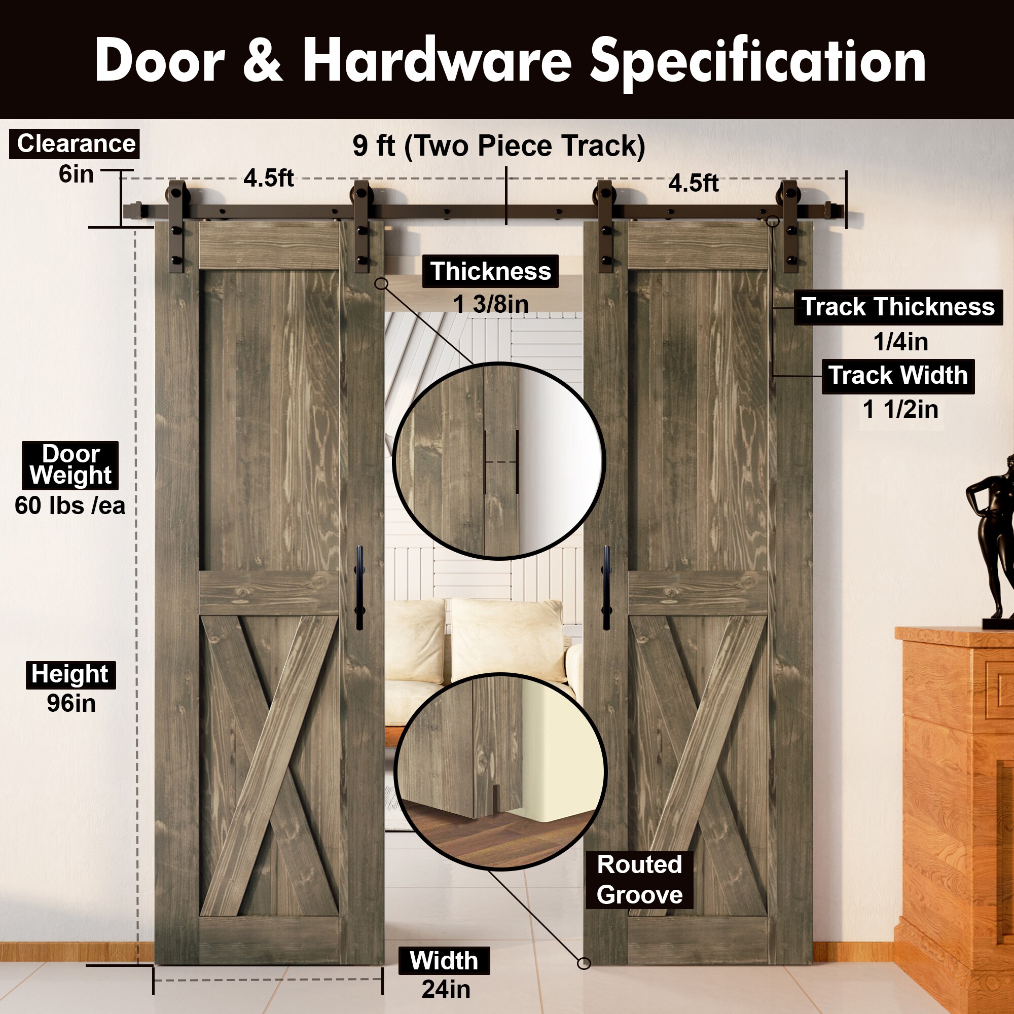 HOMACER YT2TGH108C-2496-X-GR Barn-Doors - View #7