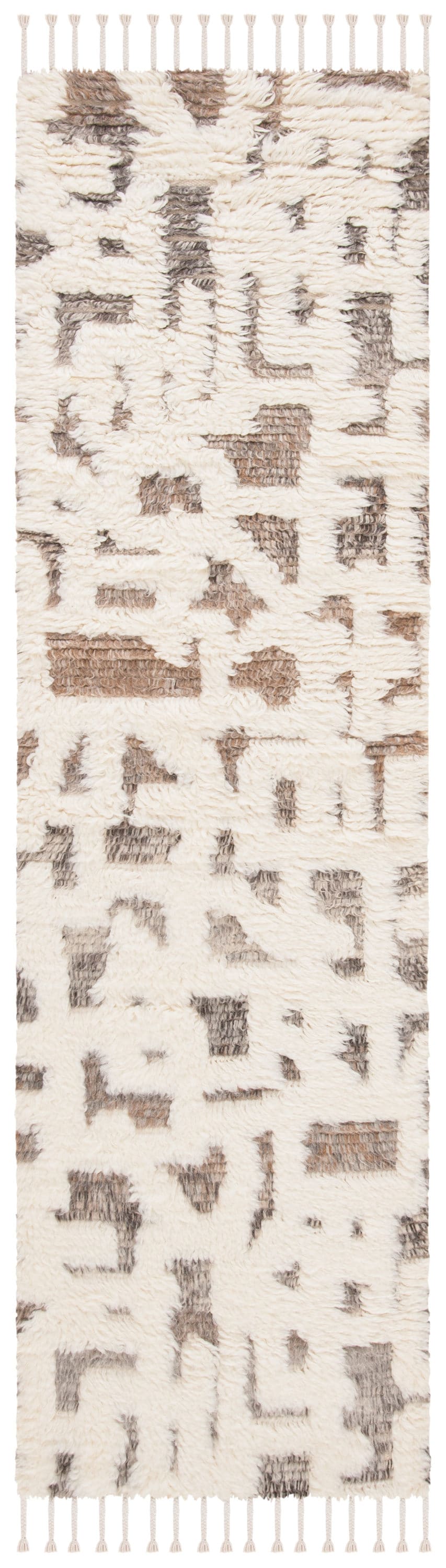 Ivory and Grey Hand-Knotted Wool Shag Runner Rug