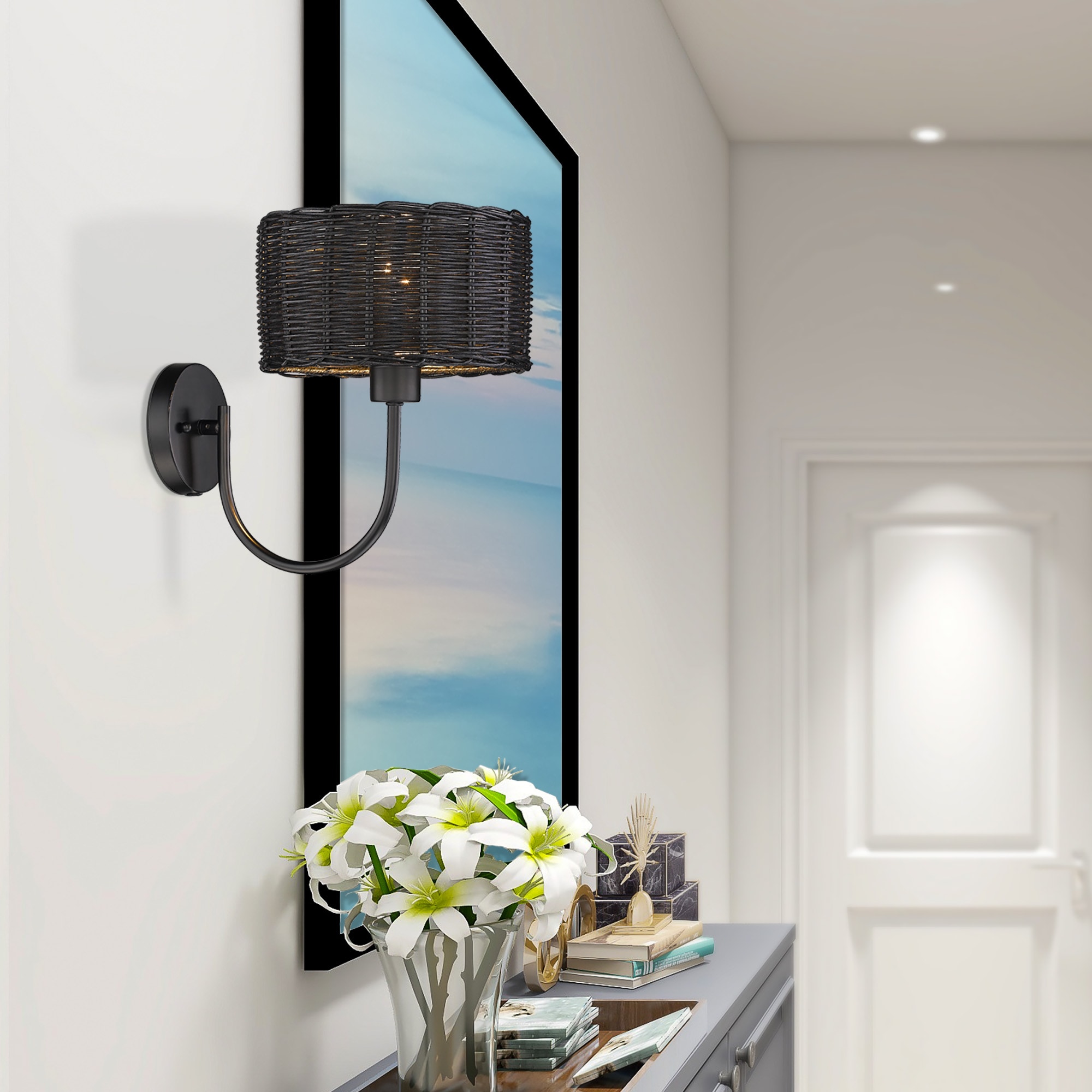 Matte Black Wicker and Steel Wall Sconce
