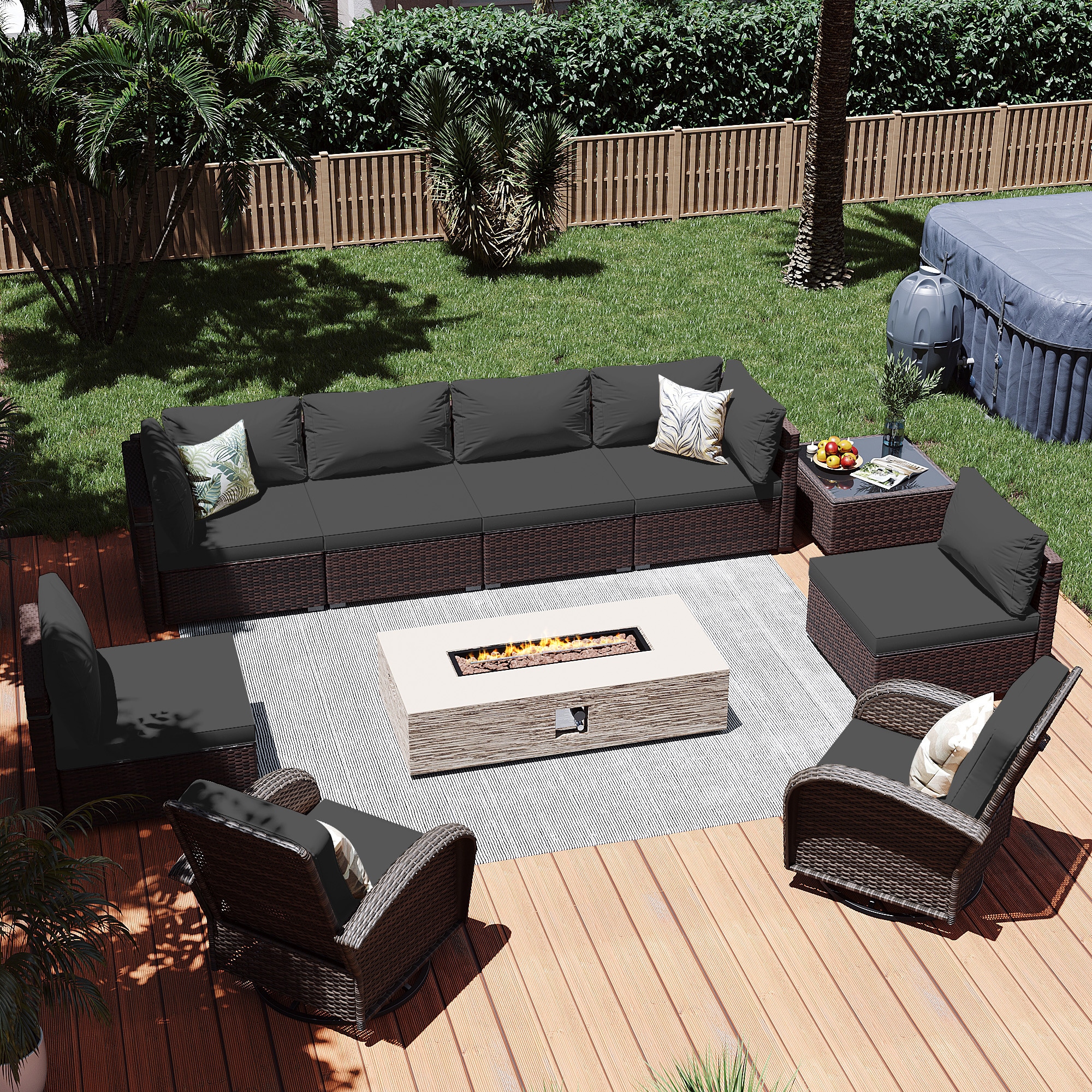Patio Watcher LS-RT7Y11-56HWBE-B3 10 -Piece Rattan Patio Conversation Set with Dark Gray Cushions