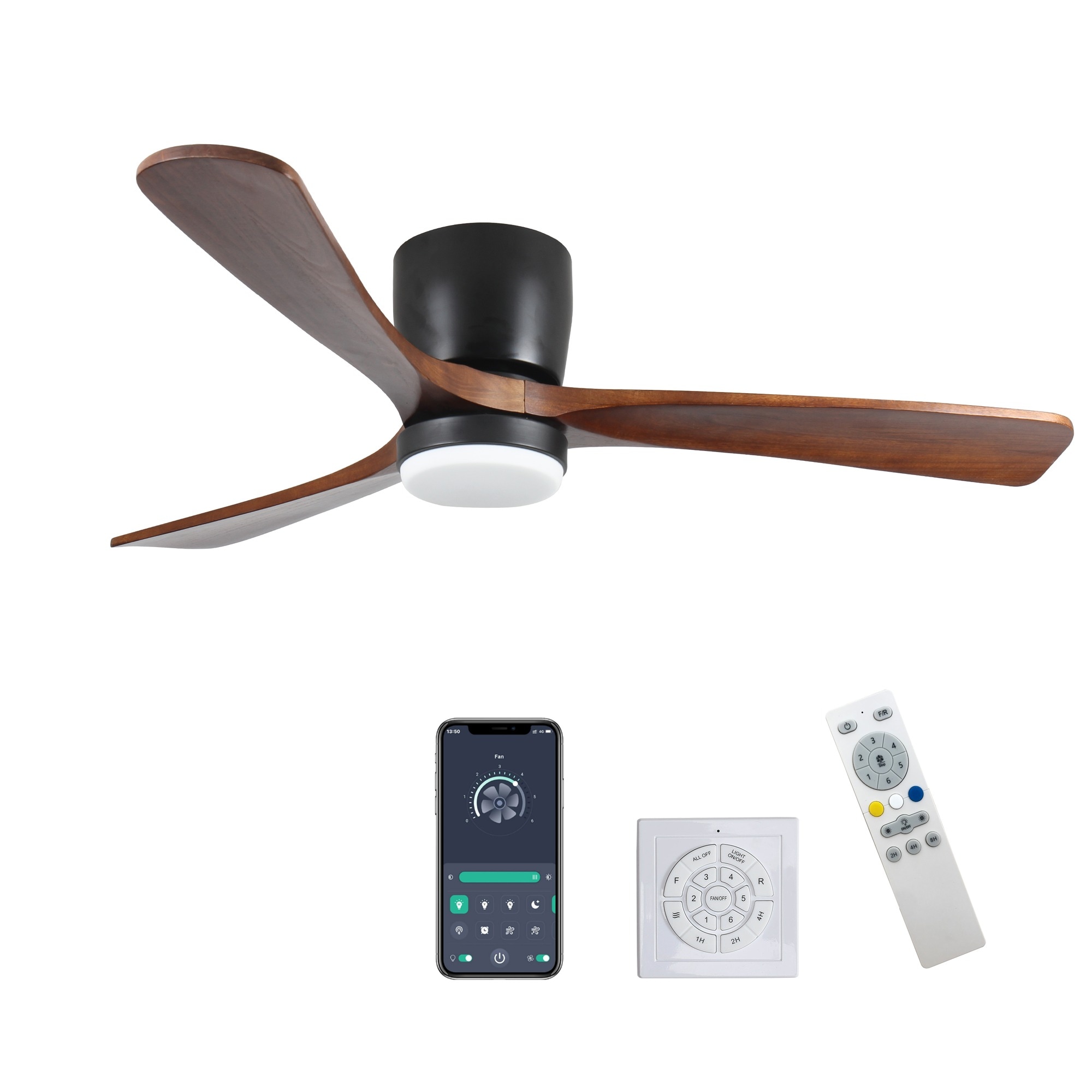HyperDrop Cart 42-in Black Wood Low Profile Flush Mount Ceiling Fan with Light and Reversible DC Motor for Patio Bedroom
