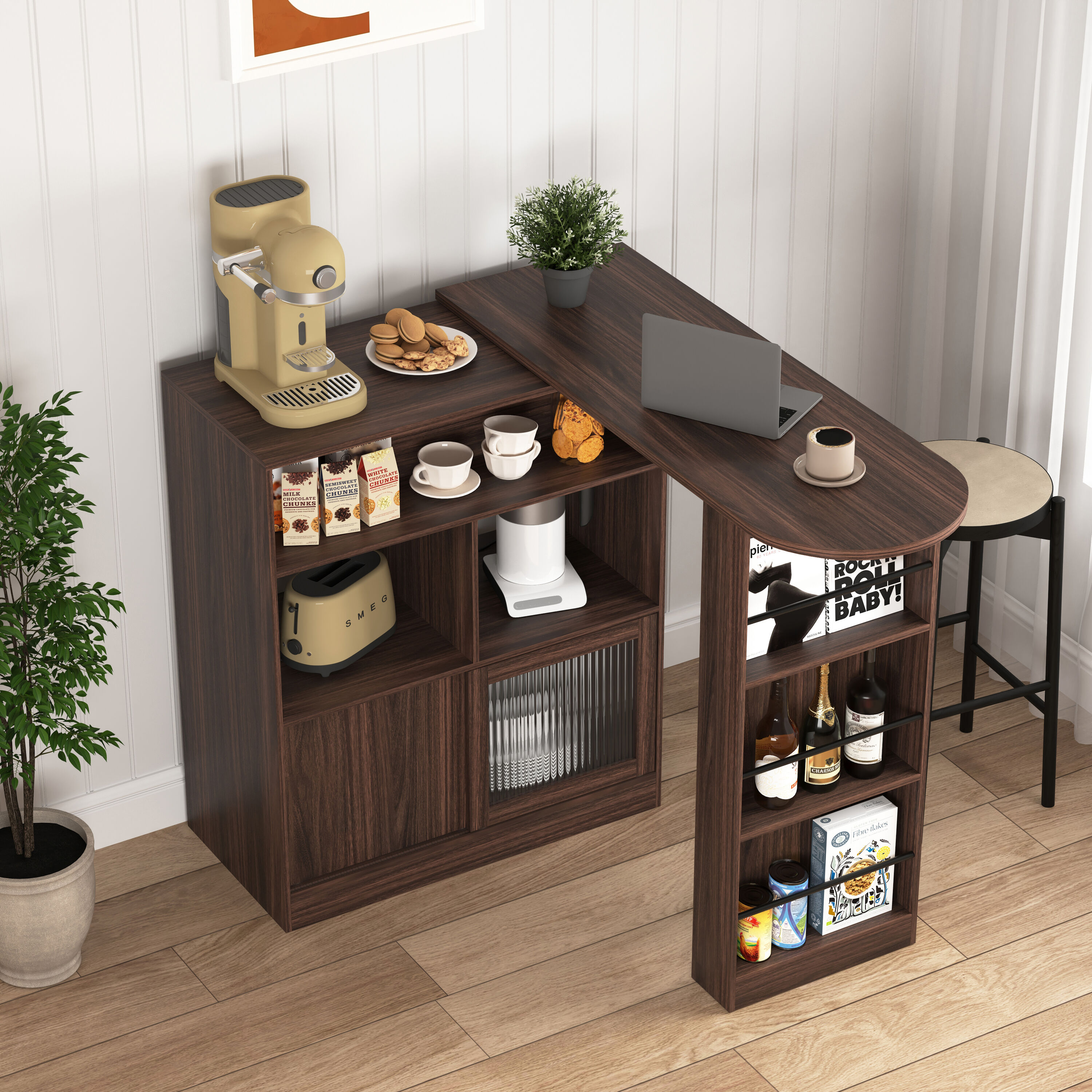 Modern Counter Height Wood Bar Cabinet with Rotating Top and 2 Ribbed Glass Doors Walnut