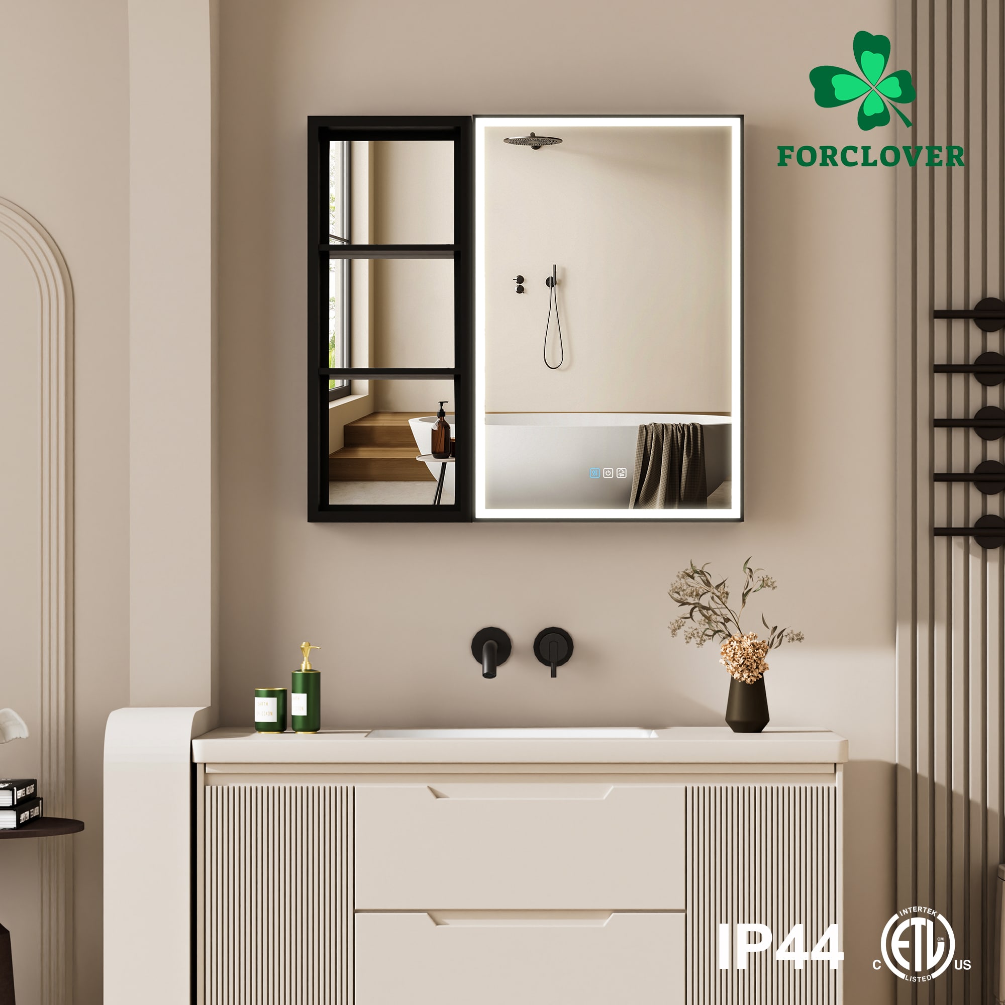 Forclover MEAM-12M3230RMC 32-in x 30-in Lighted LED Fog Free Surface/Recessed Mount Black Mirrored Rectangle Soft Close Medicine Cabinet with Outlet