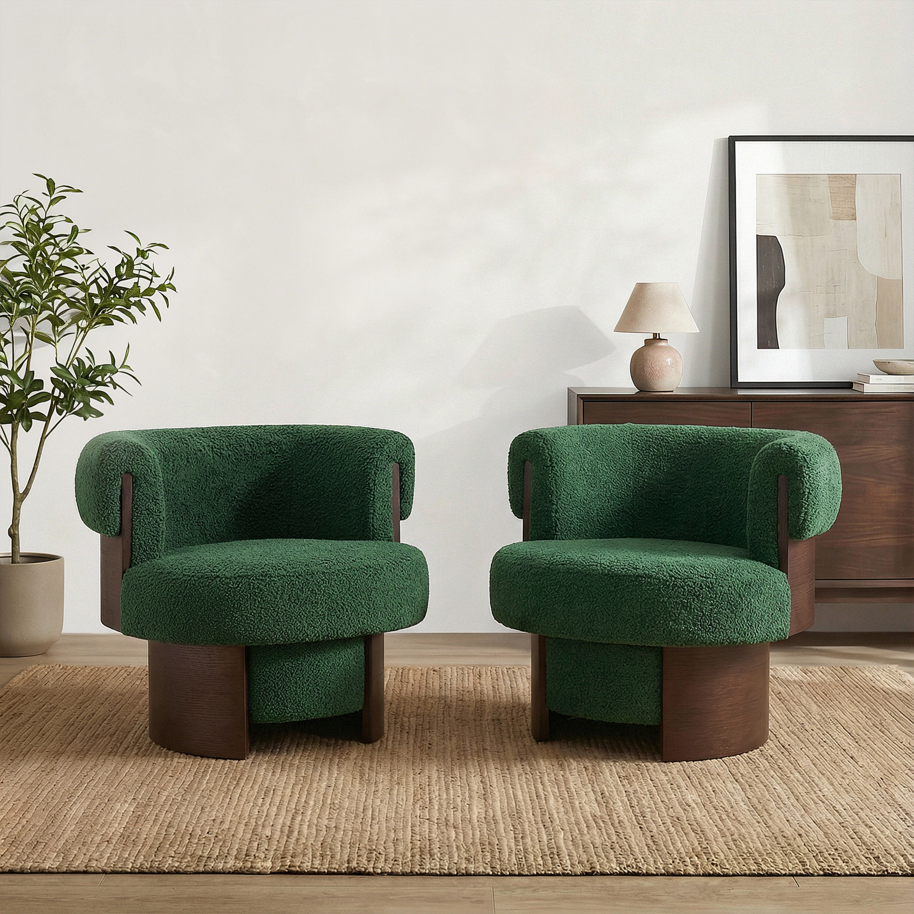 Scott Living Scrolla 32-inch Modern Sculptural Geometric Design Upholstered Tear Resistant 360 Degree Swivel Barrel Chair Set with Curved Bentwood Back and Recessed Arms - Green (Set of 2)